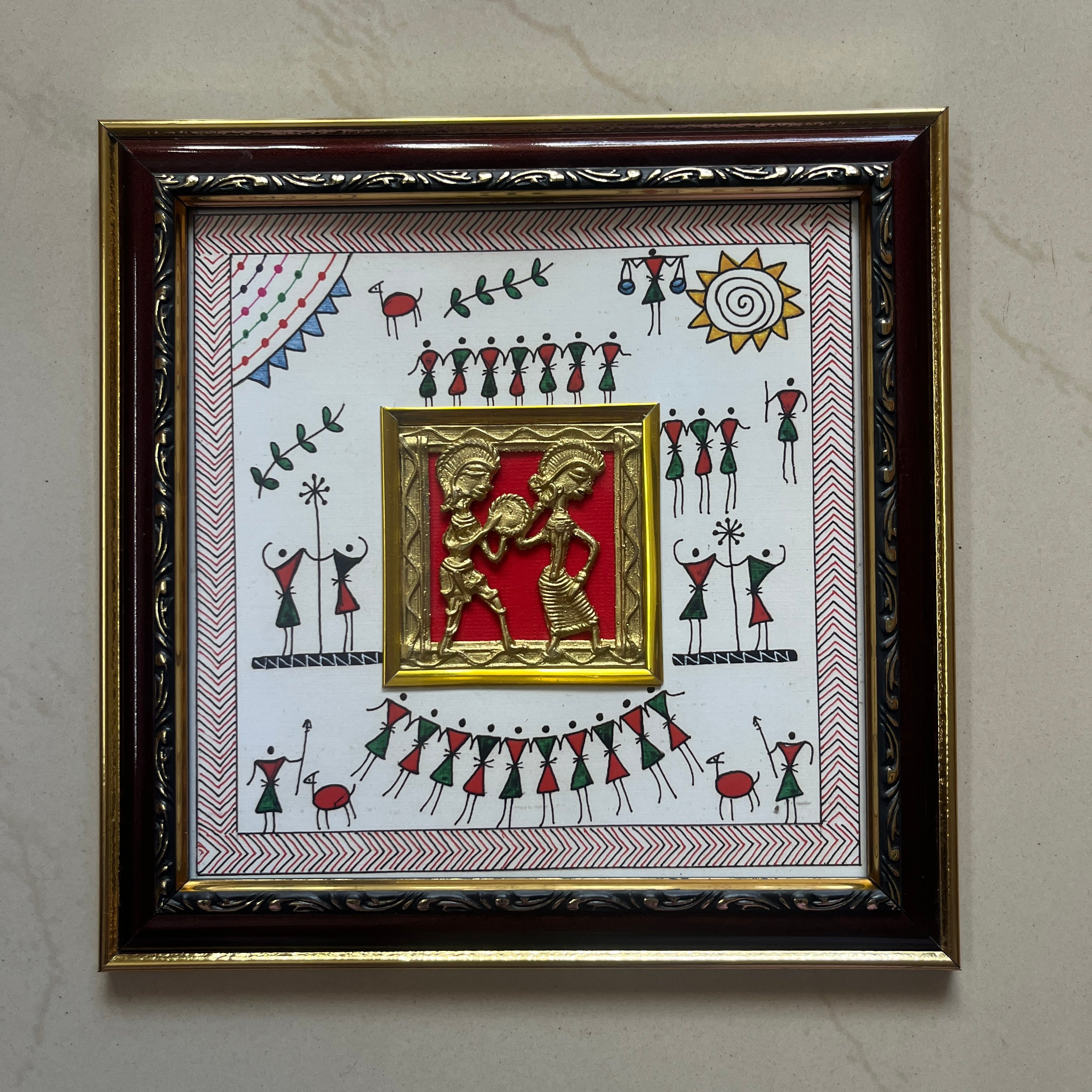 Dhokra Brass Jali Wall Frame with Warli Painting - Tribal Dancing Couple - White Canvas Ornate Frame