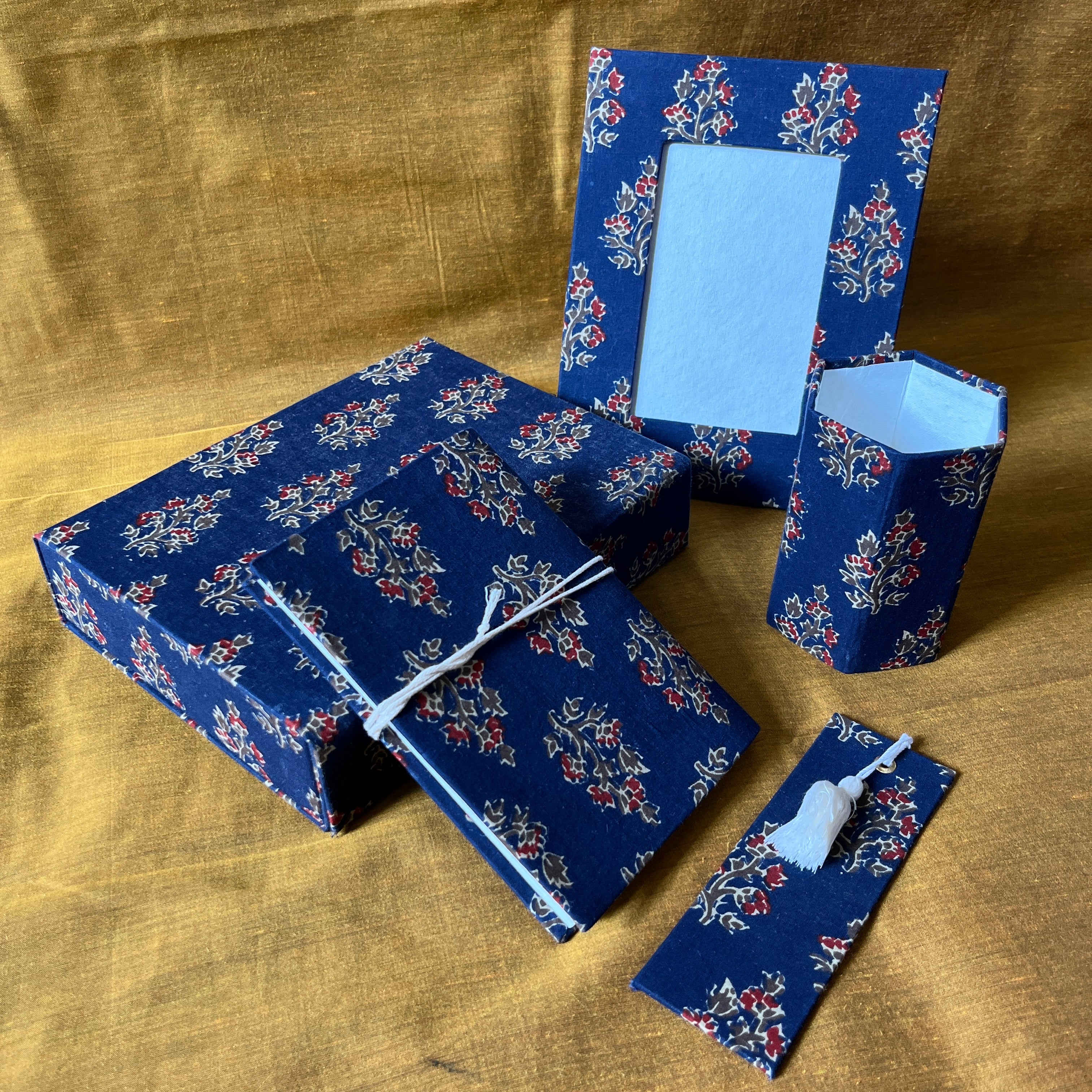 Mughal Gardens: Hand Block Printed Fabric Covered Diary | Bookmark | Photo Frame | Pen Holder | Gift Box