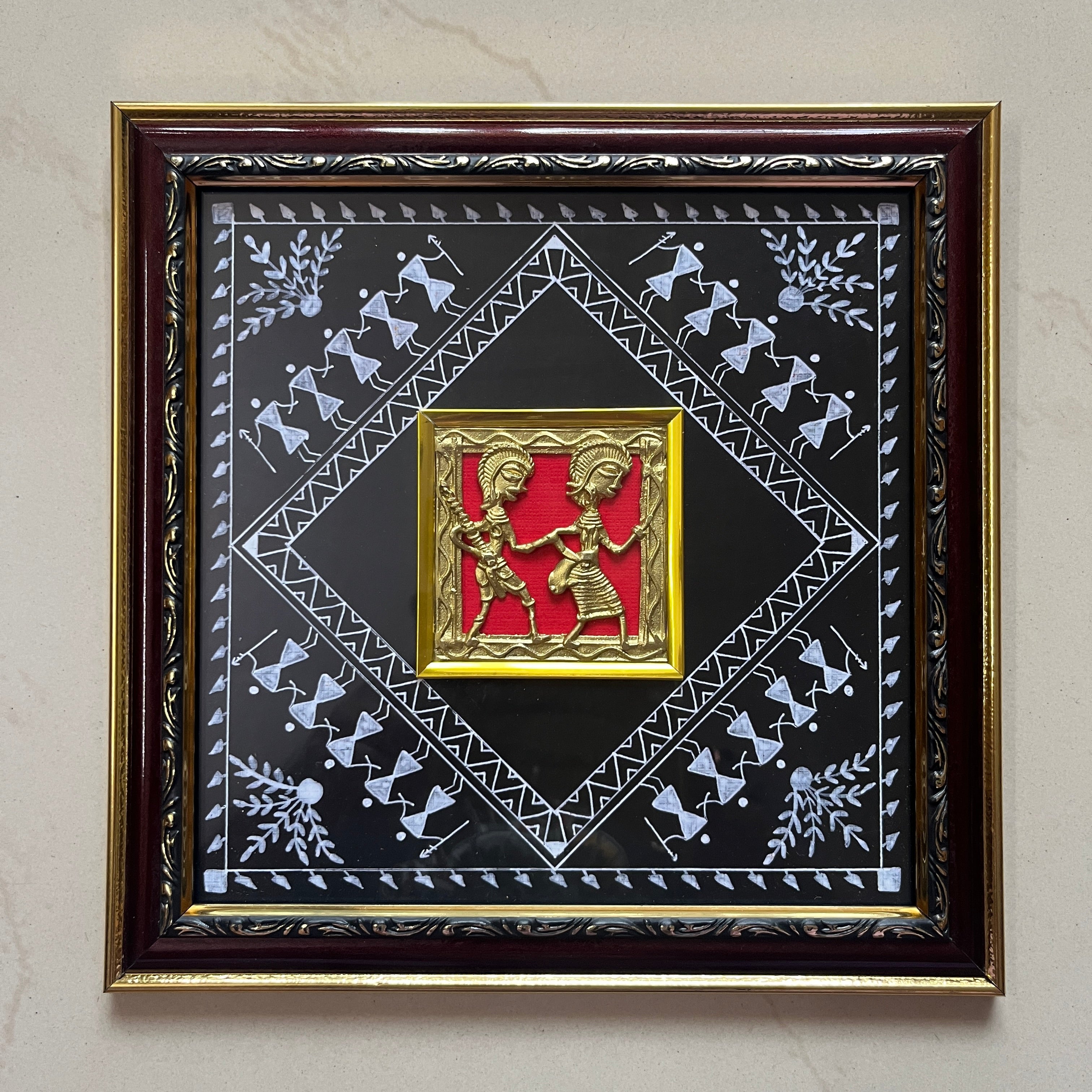 Dhokra Brass Jali Wall Frame with Warli Painting - Tribal Fishing - Black Canvas Ornate Frame