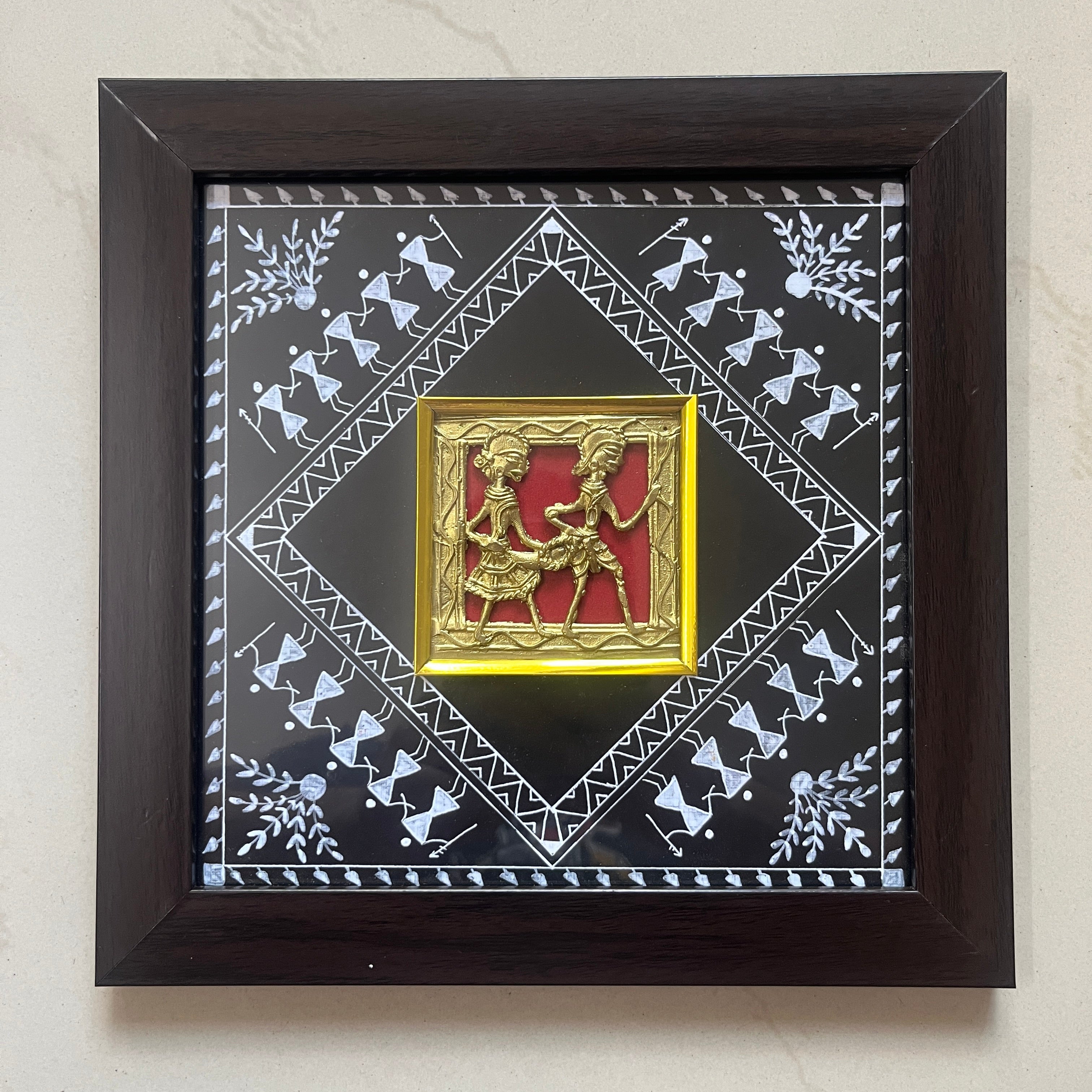 Dhokra Brass Jali Wall Frame with Warli Painting - Tribal Couple - Black Canvas Brown Frame