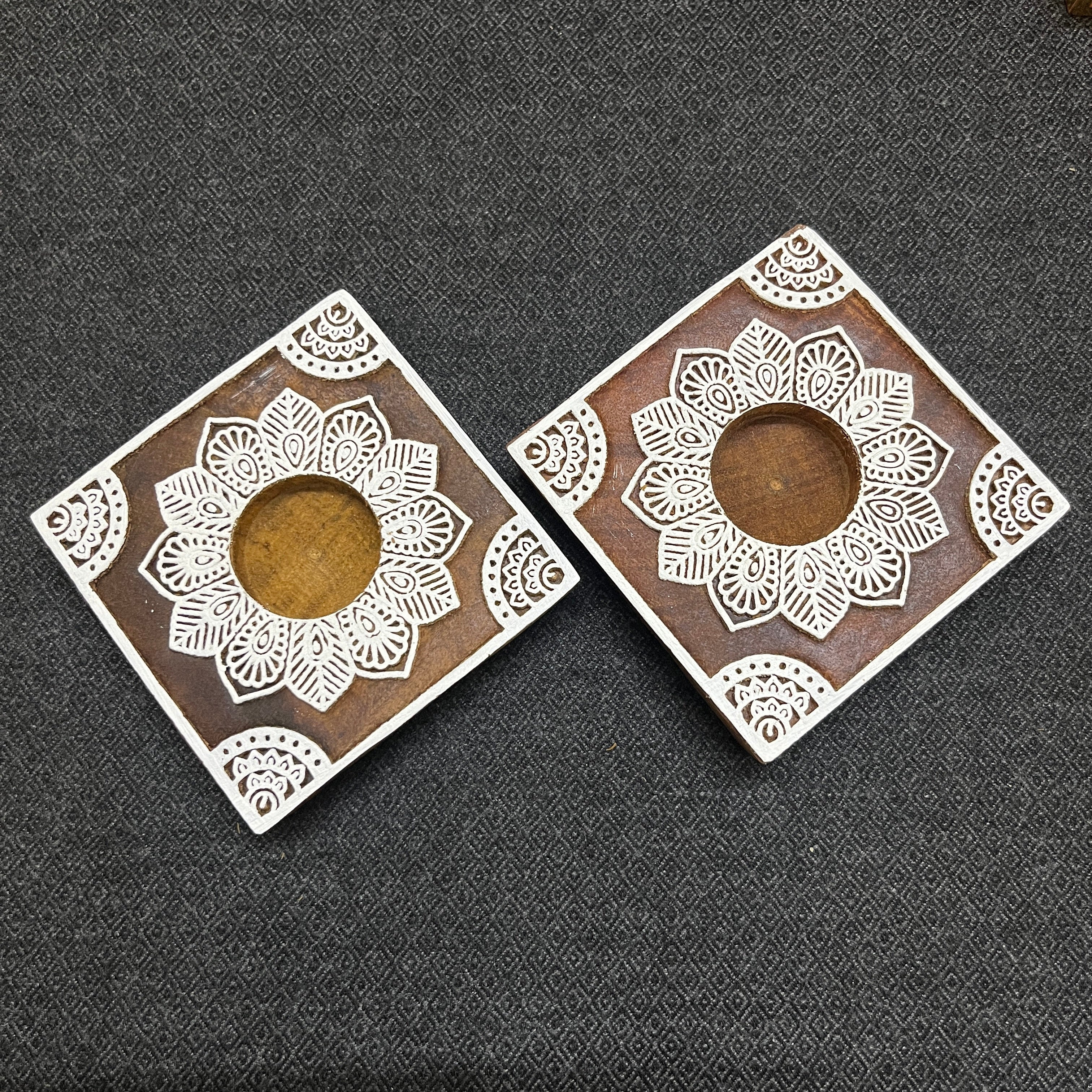 Wooden Block Print Square Mandala Tea Light Candle Holder