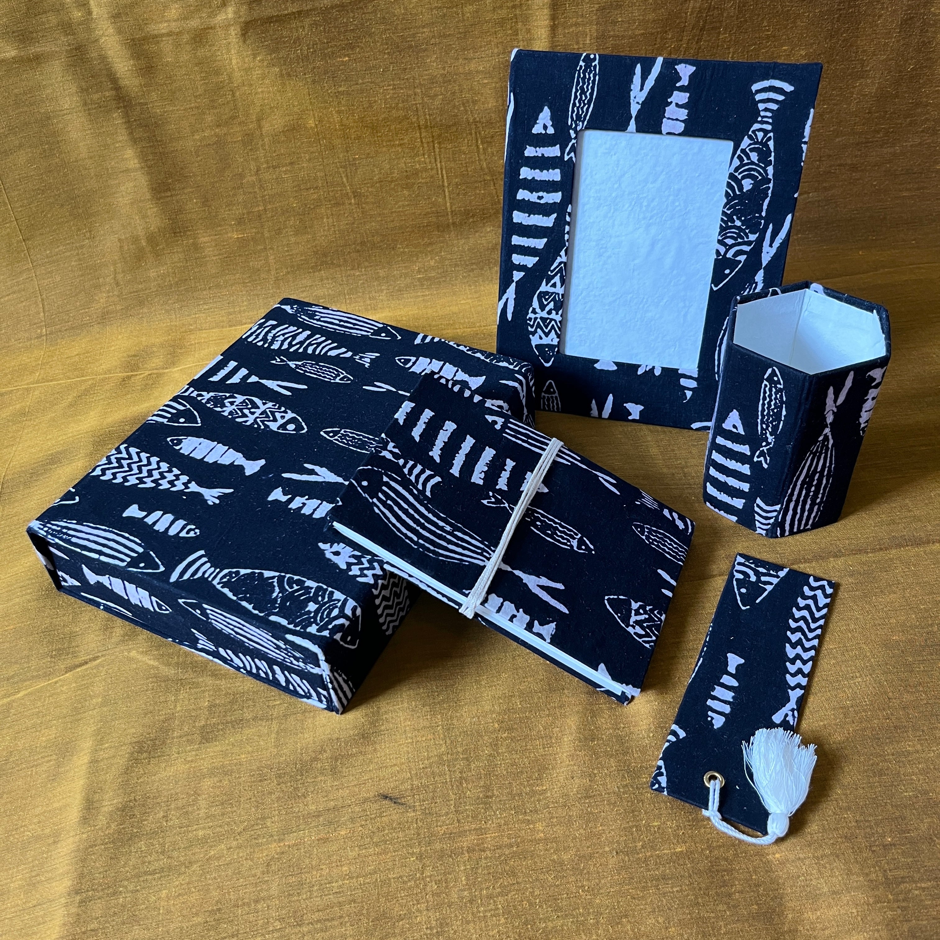 Fin-tastic Tales: Hand Block Printed Fabric Covered Diary | Bookmark | Photo Frame | Pen Holder | Gift Box