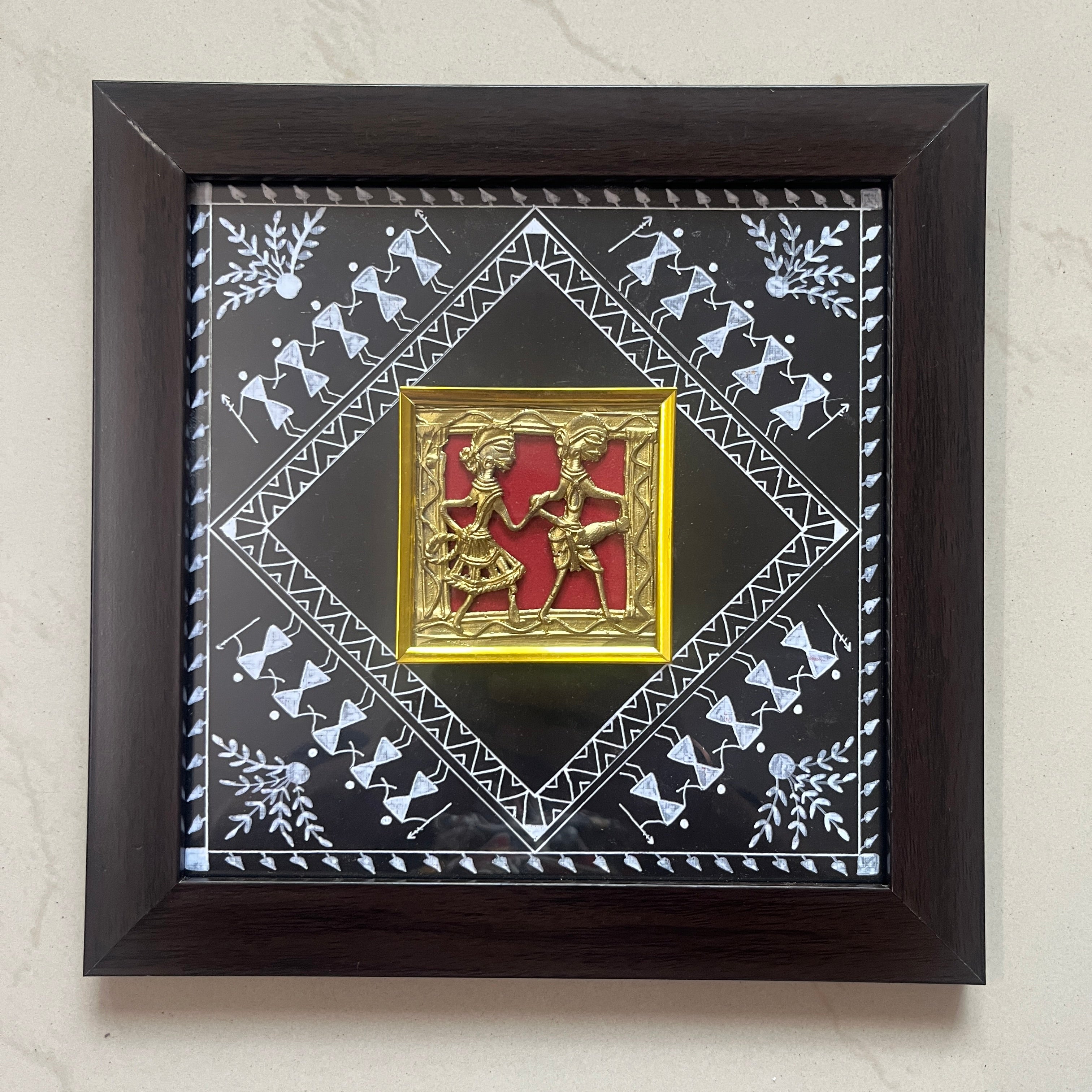 Dhokra Brass Jali Wall Frame with Warli Painting - Tribal Fishing - Black Canvas Brown Frame