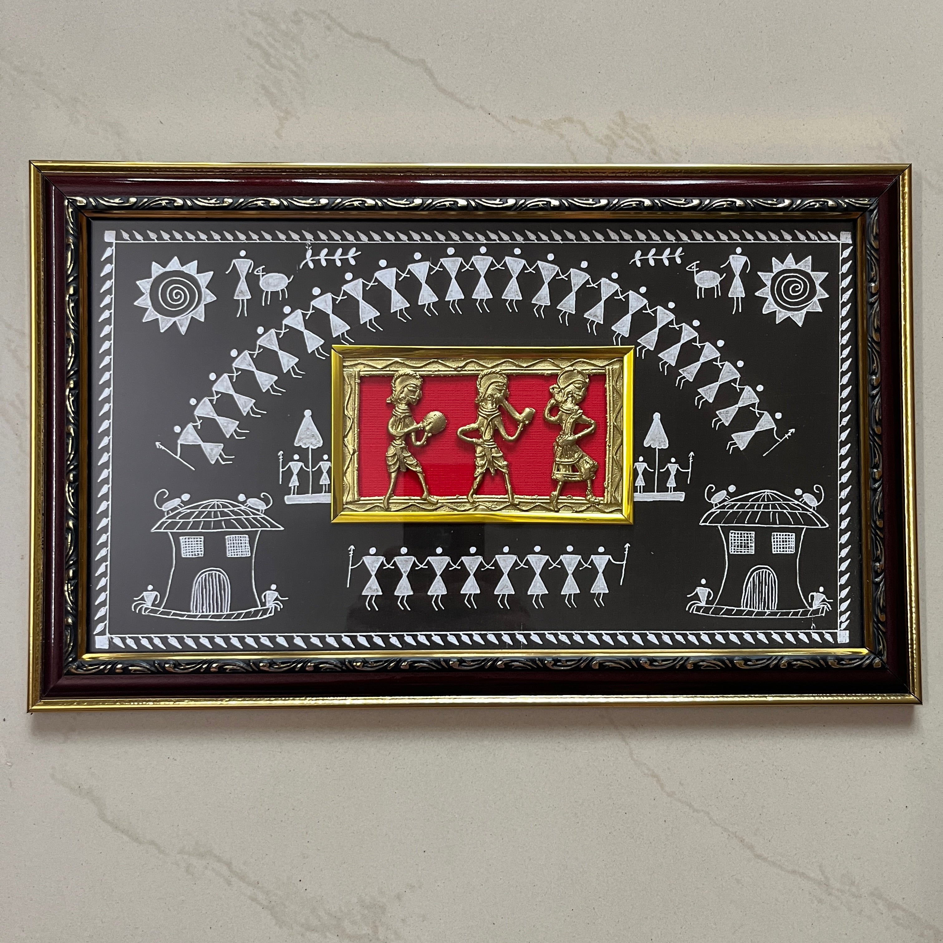 Dhokra Brass Jali Wall Frame with Warli Painting - Tribal Dancing Troupe - Black Canvas Ornate Frame