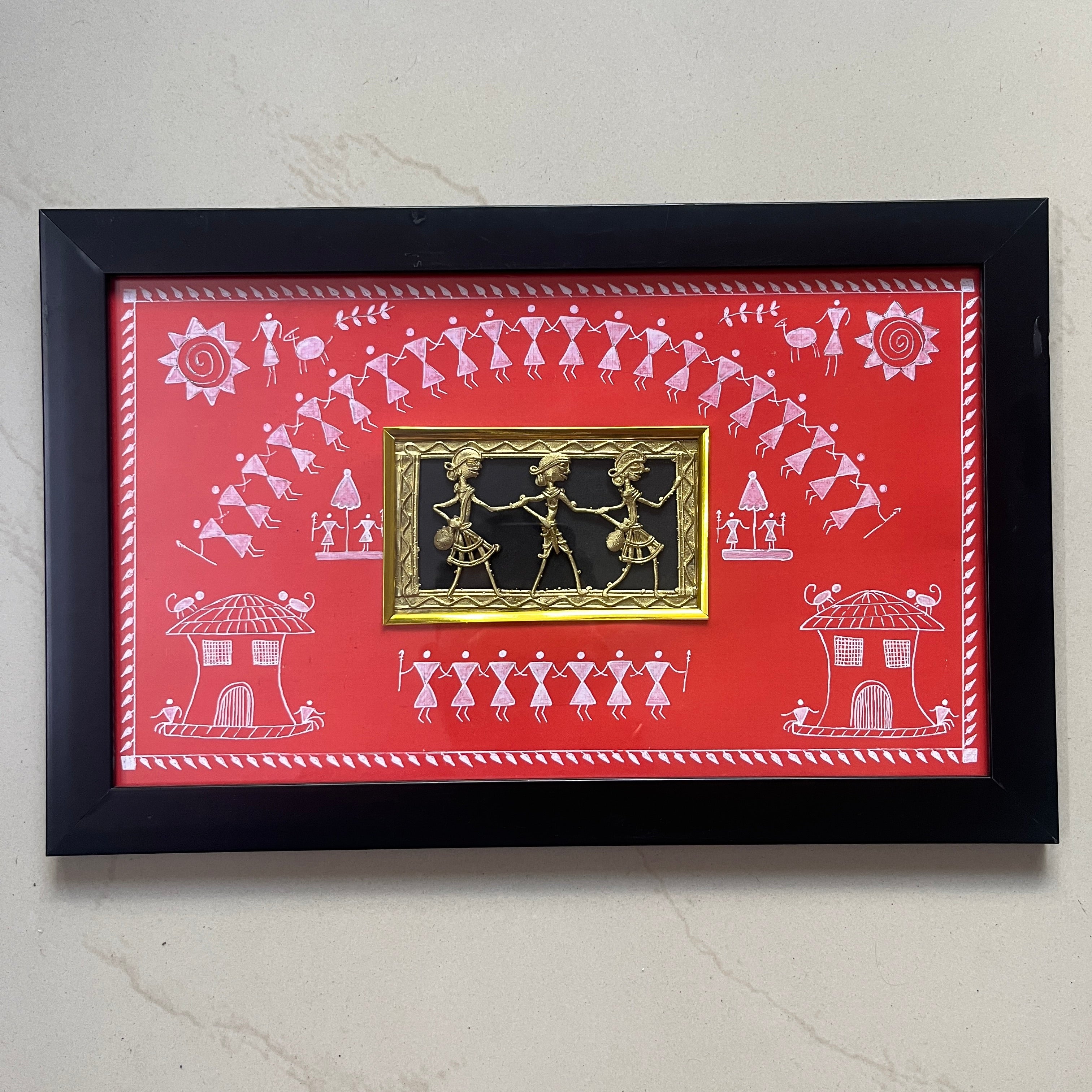 Dhokra Brass Jali Wall Frame with Warli Painting - Tribal Life - Red Canvas Black Frame