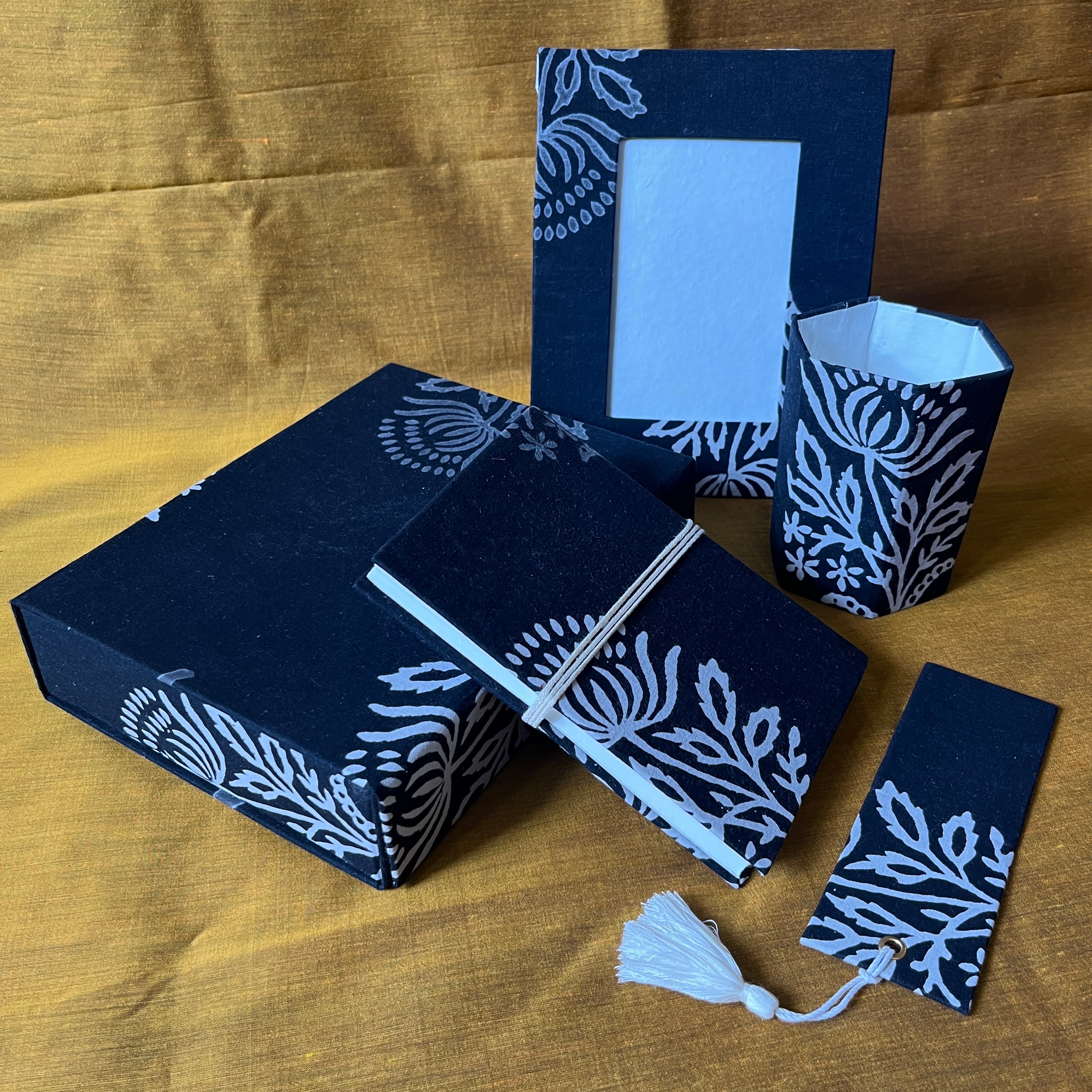 Chandra Mallika: Hand Block Printed Fabric Covered Diary | Bookmark | Photo Frame | Pen Holder | Gift Box