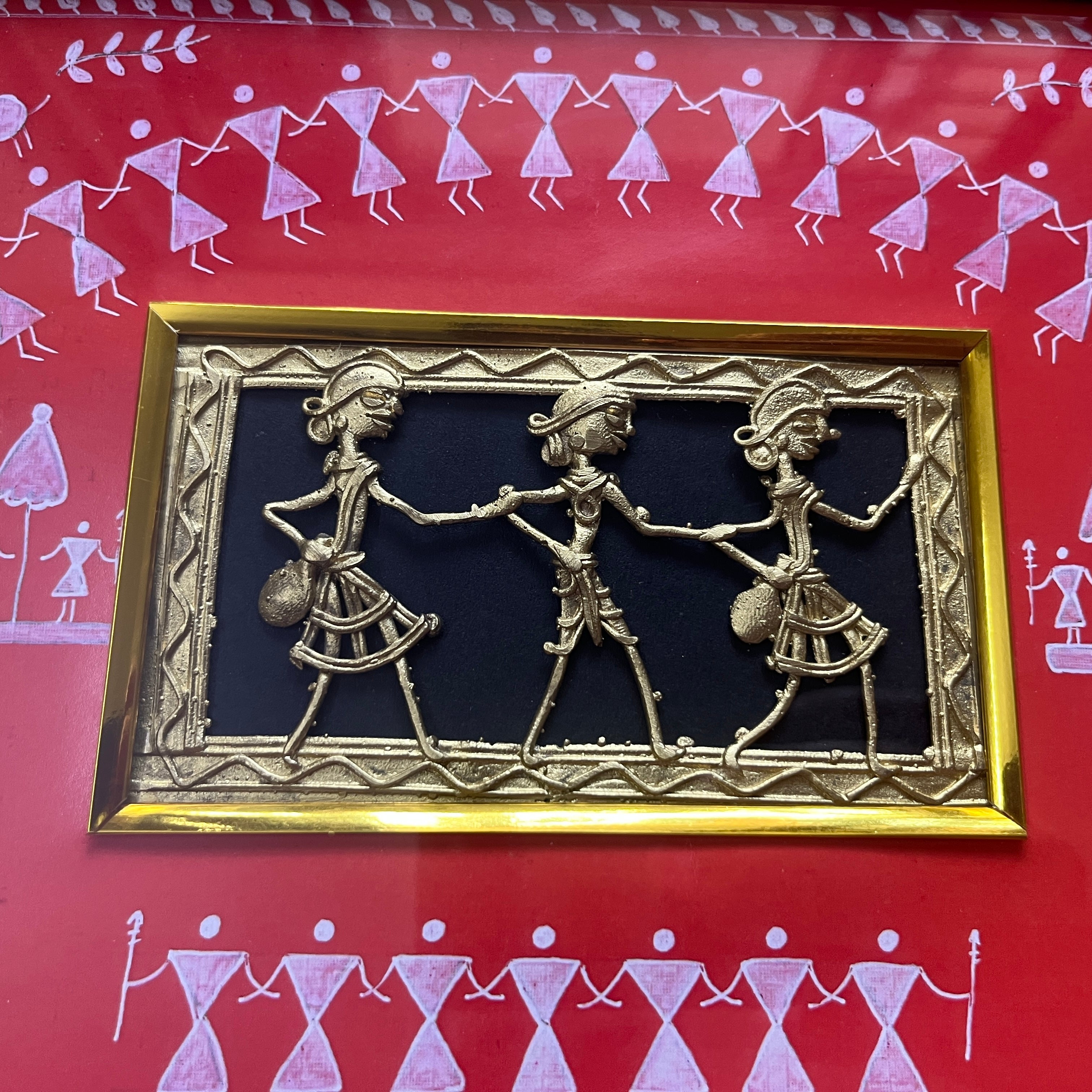 Dhokra Brass Jali Wall Frame with Warli Painting - Tribal Life - Red Canvas Black Frame