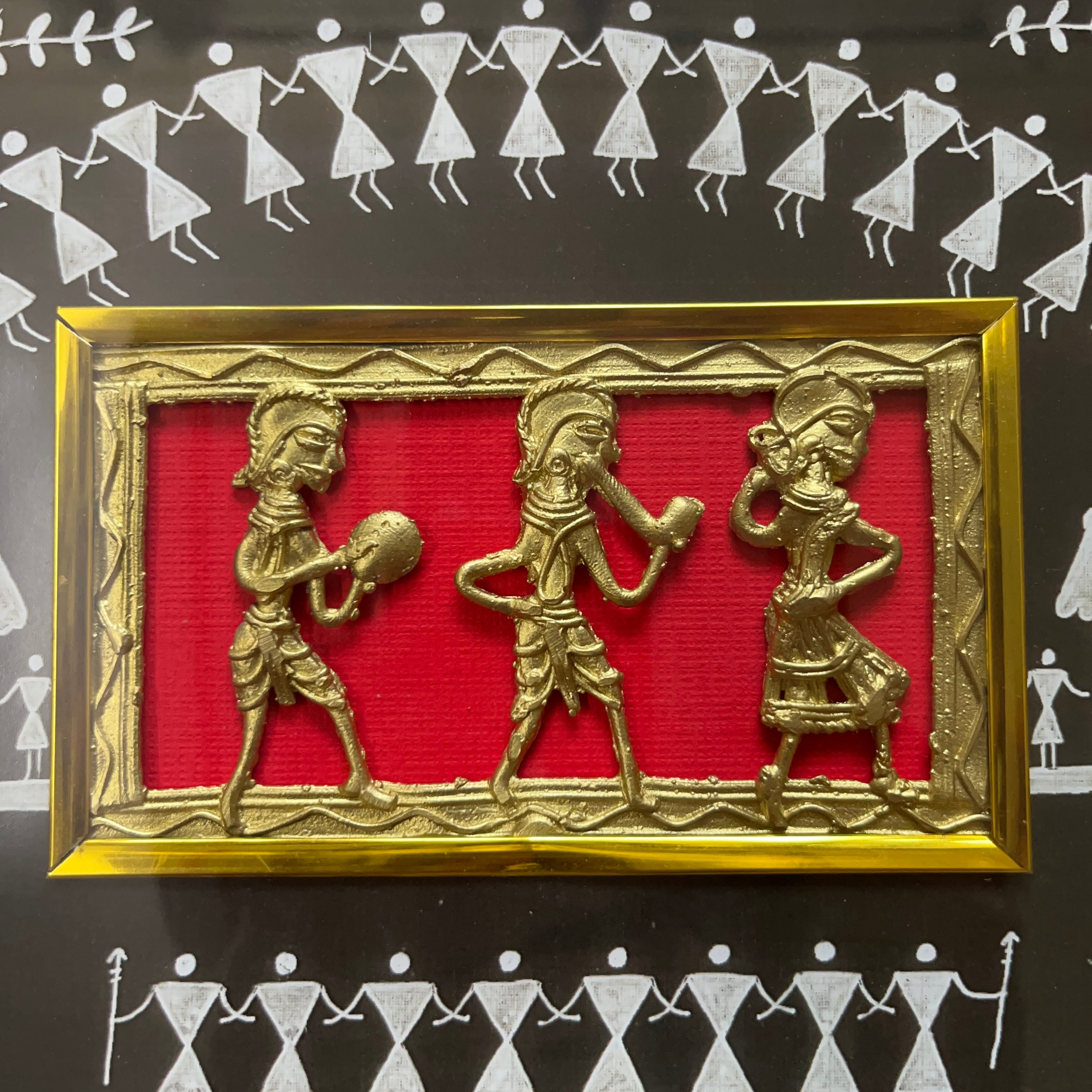 Dhokra Brass Jali Wall Frame with Warli Painting - Tribal Dancing Troupe - Black Canvas Ornate Frame