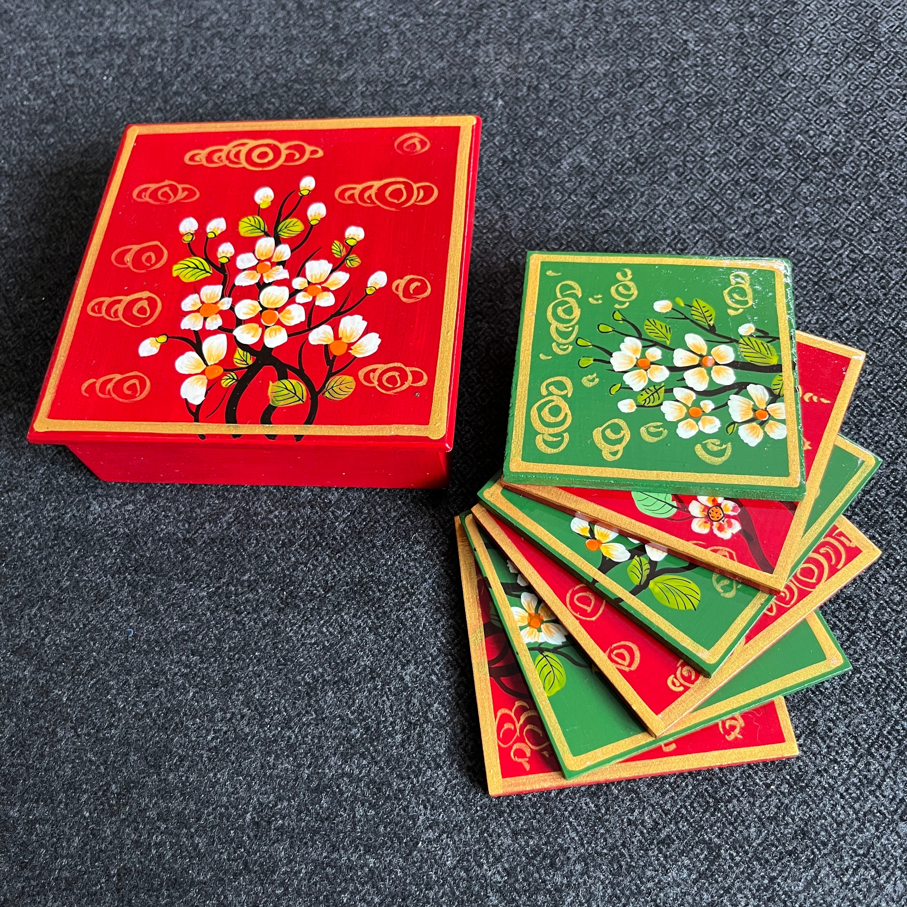 Palash Prabha - Hand Painted Wooden Coasters - Set of 6 - With Stand