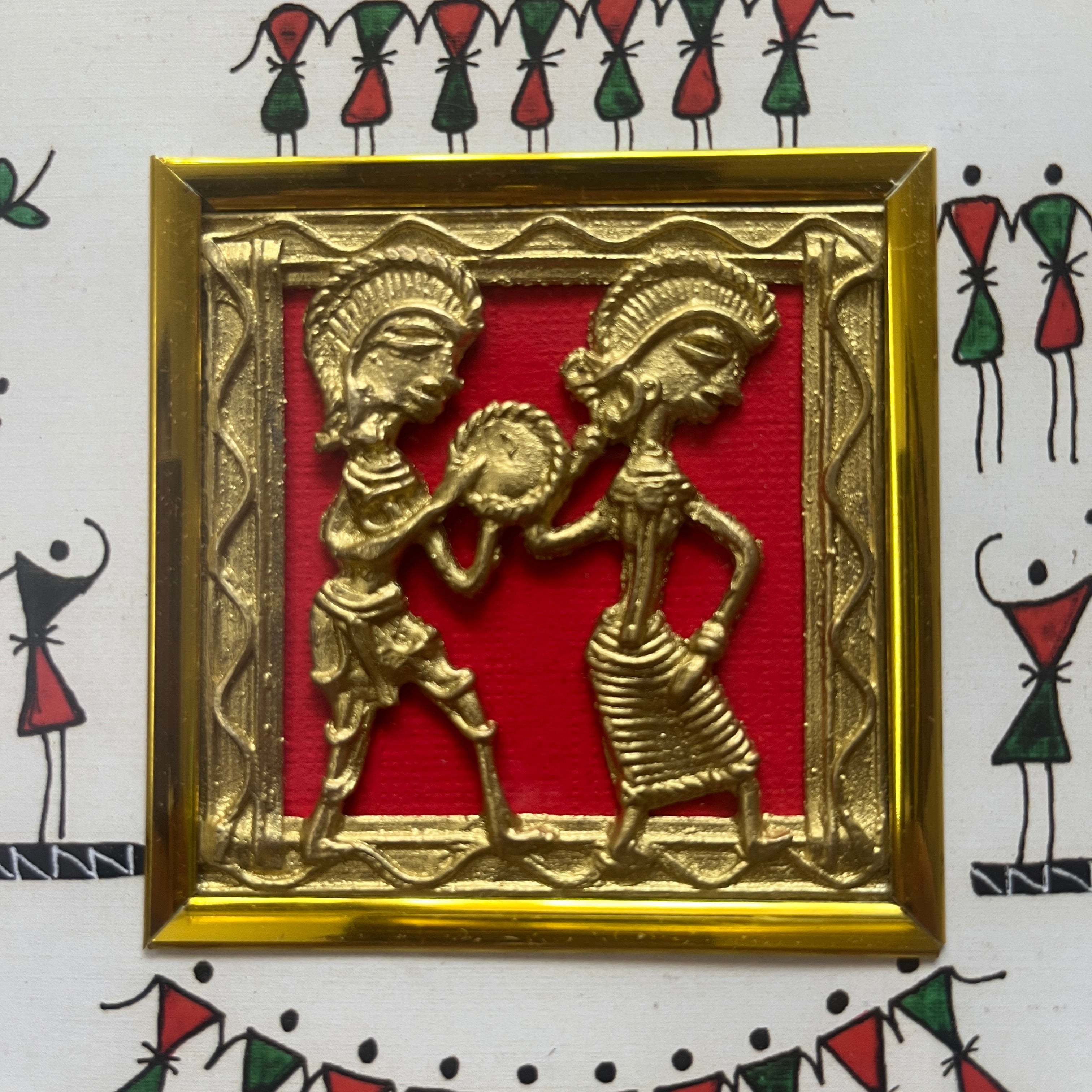 Dhokra Brass Jali Wall Frame with Warli Painting - Tribal Dancing Couple - White Canvas Ornate Frame