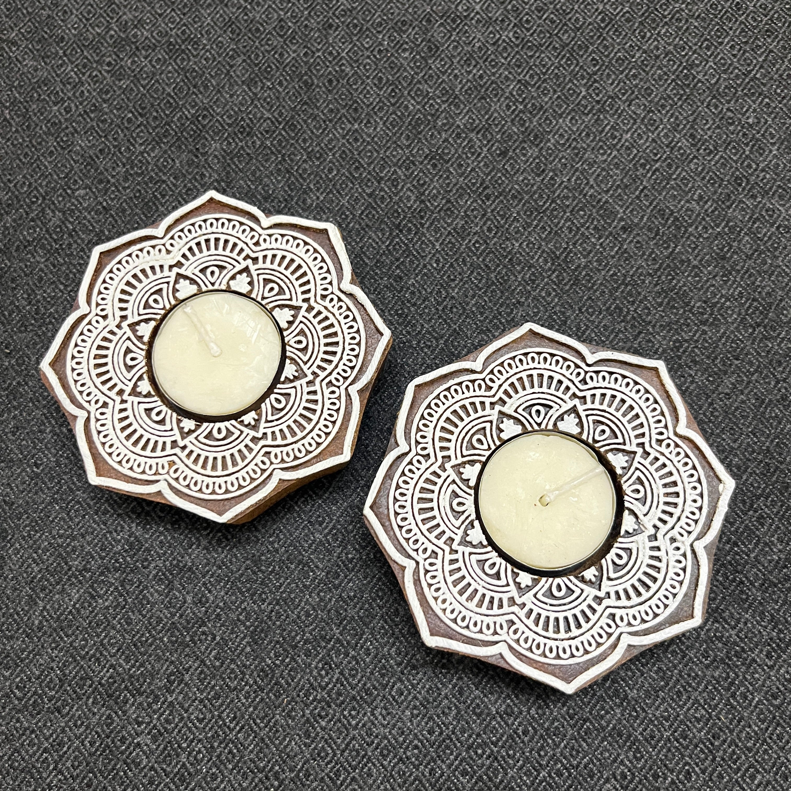 Wooden Block Print Flower Mandala Tea Light Candle Holder