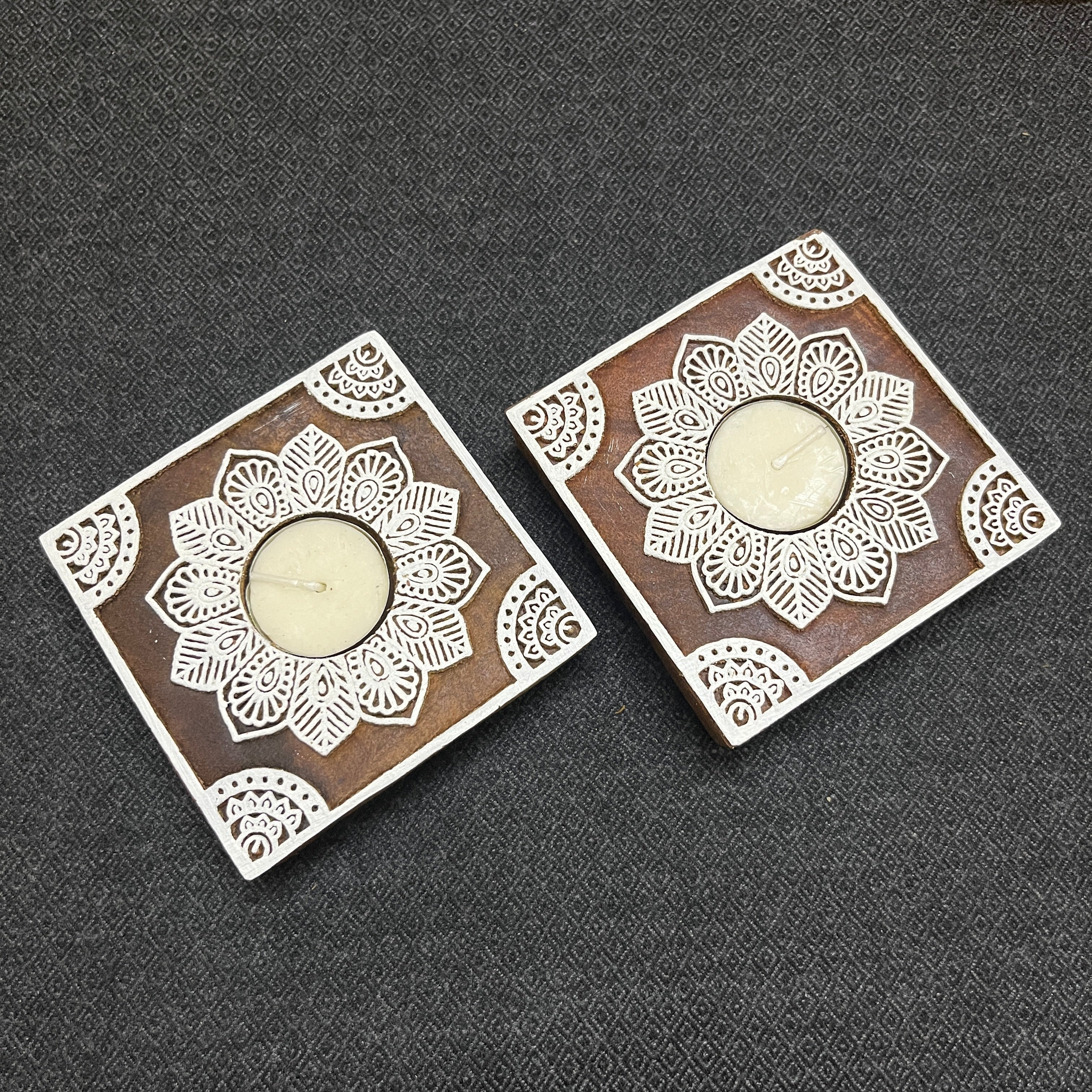 Wooden Block Print Square Mandala Tea Light Candle Holder