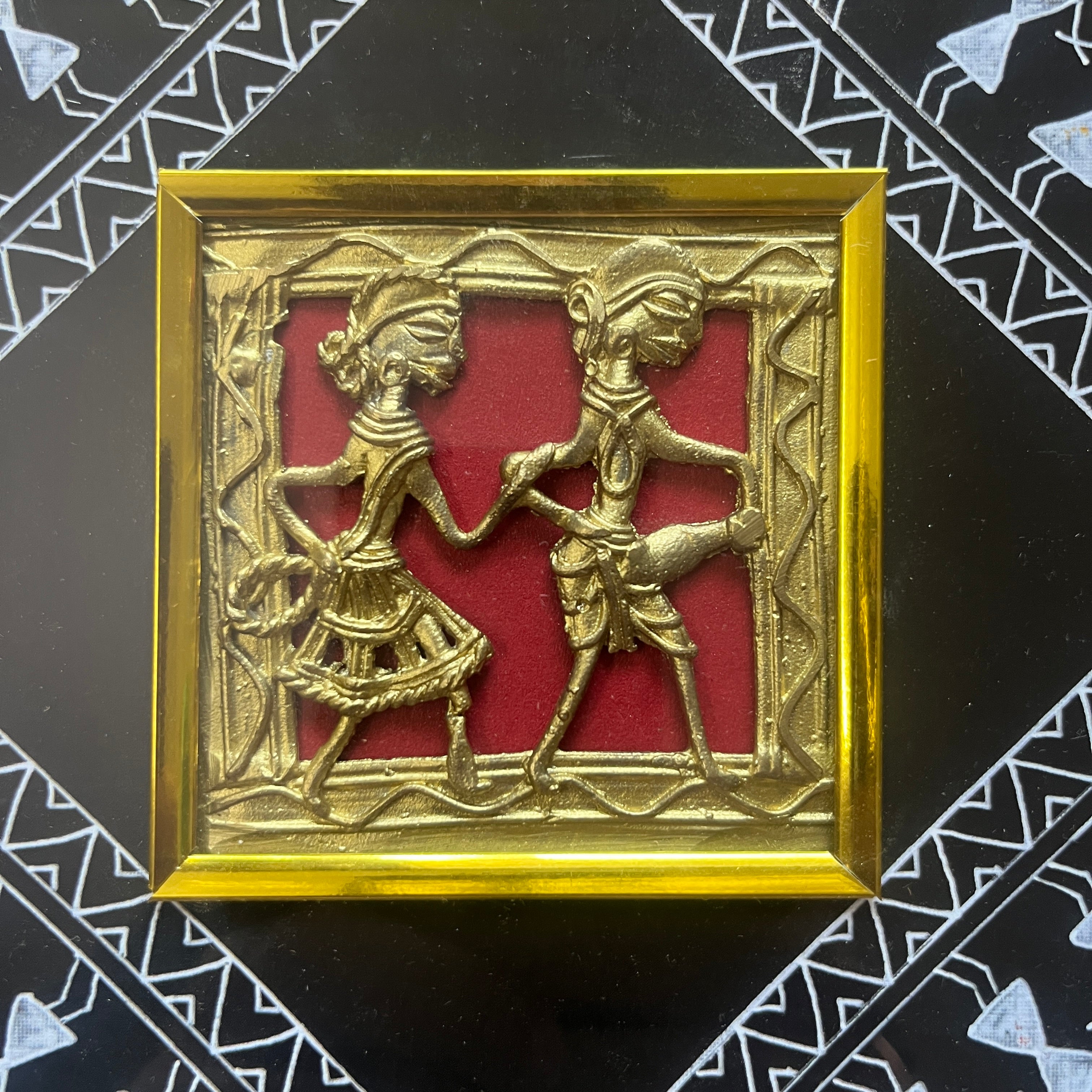 Dhokra Brass Jali Wall Frame with Warli Painting - Tribal Fishing - Black Canvas Brown Frame