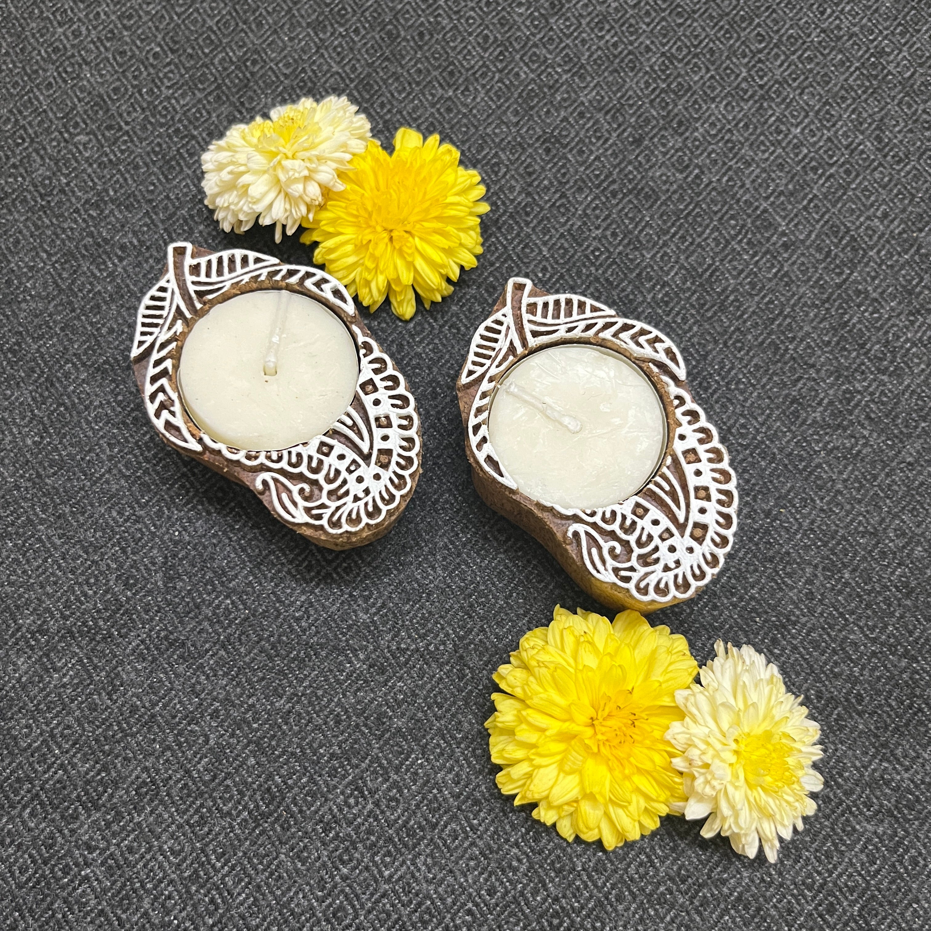 Wooden Block Print Mango Shaped Tea Light Candle Holder