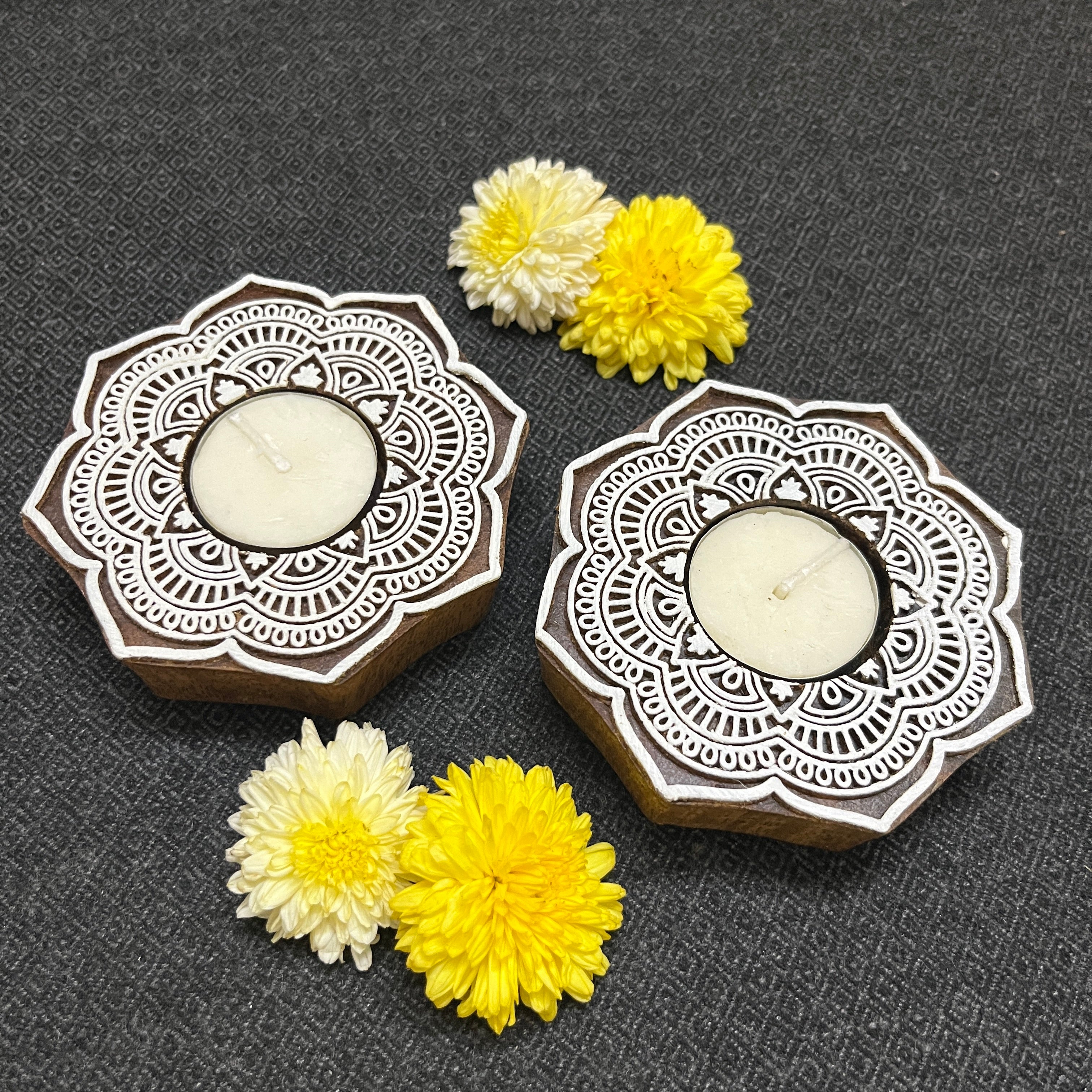 Wooden Block Print Flower Mandala Tea Light Candle Holder