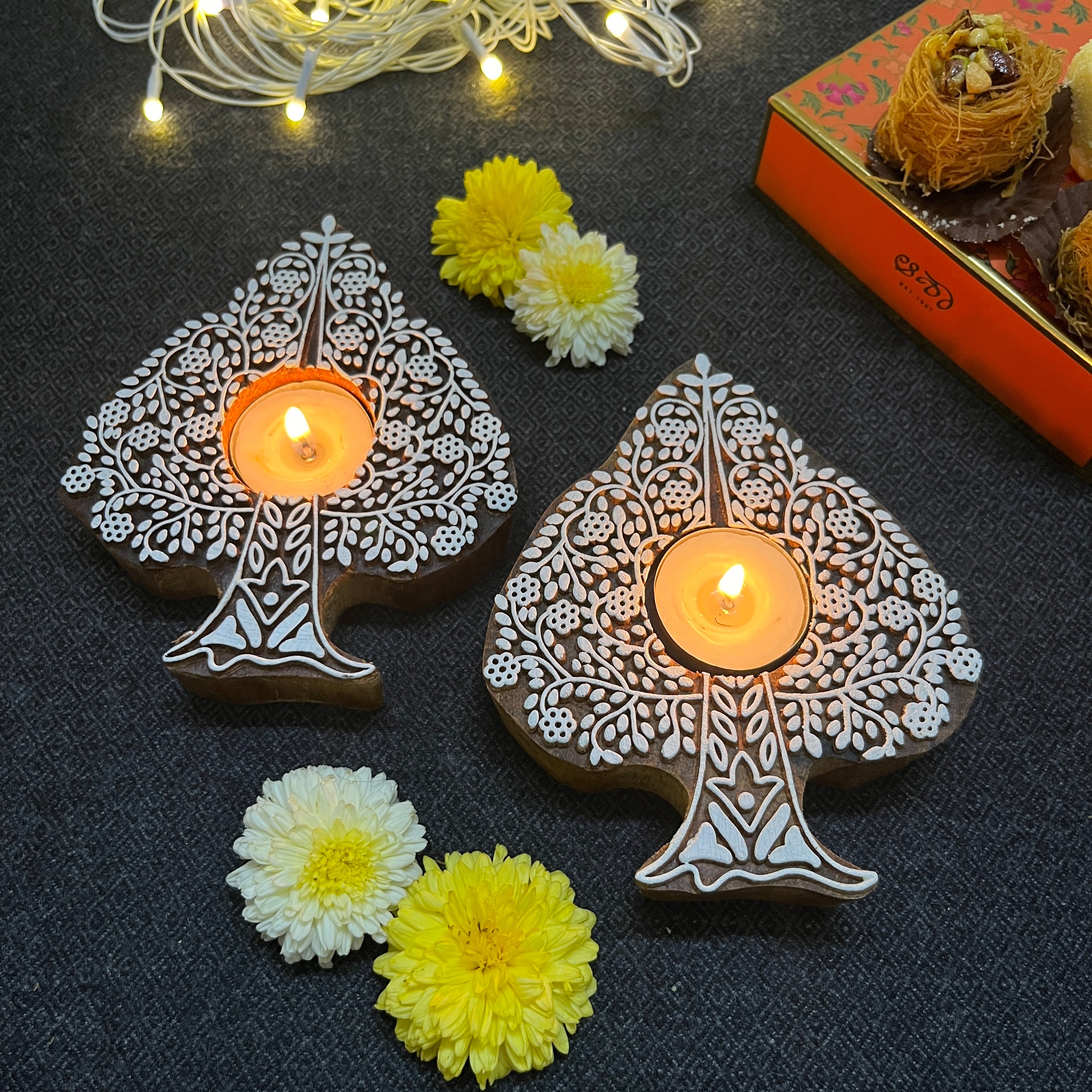 Wooden Block Print Tree Shaped Tea Light Candle Holder