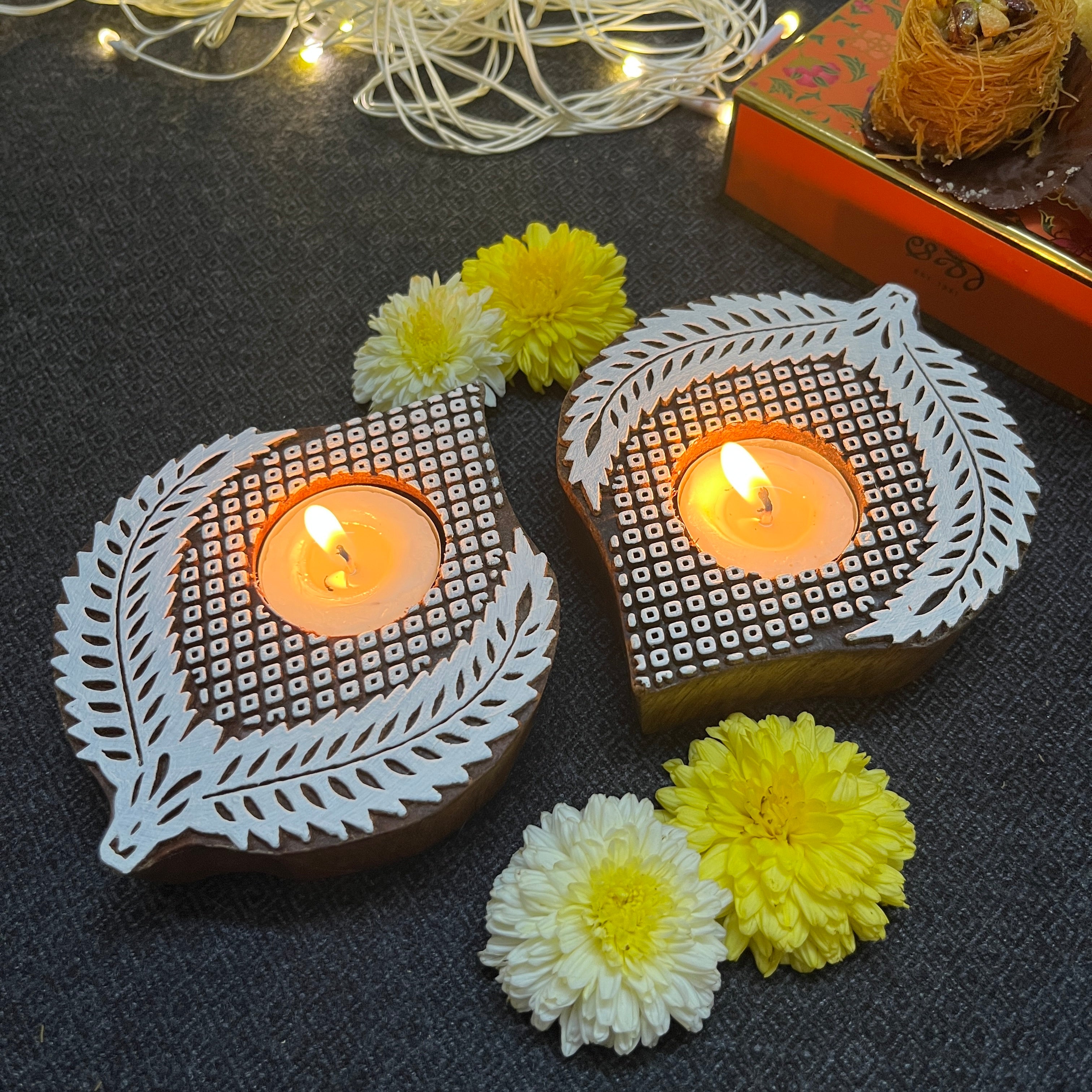 Wooden Block Print Leaf Shaped Tea Light Candle Holder