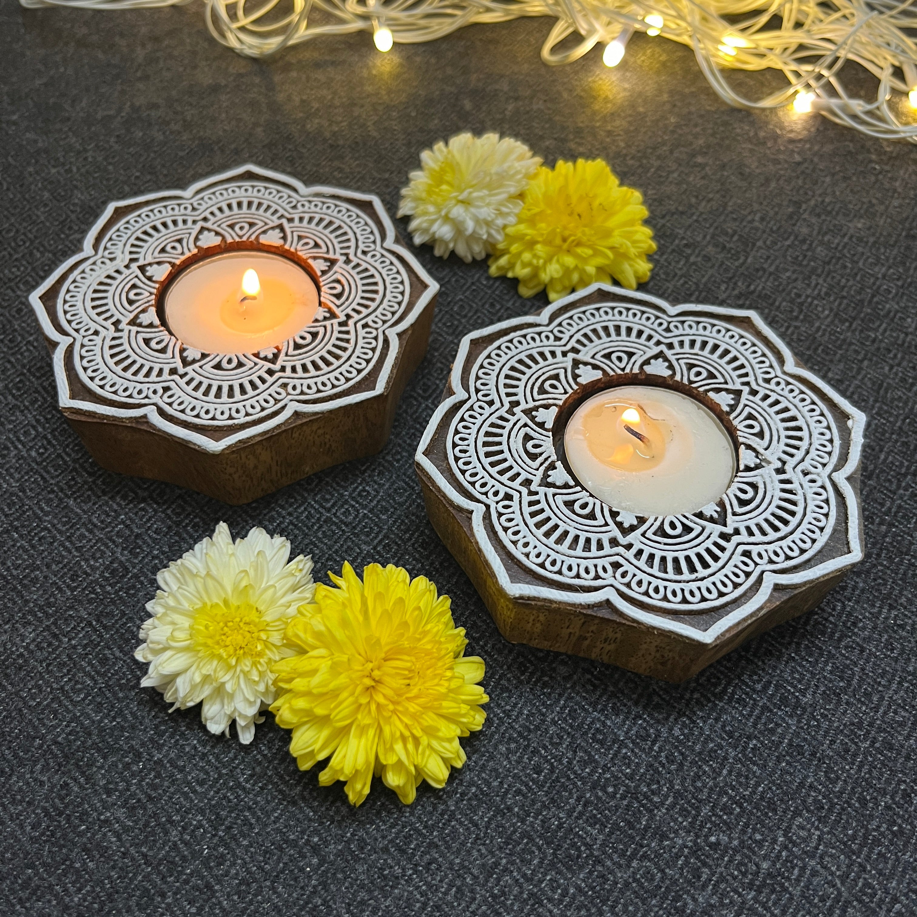 Wooden Block Print Flower Mandala Tea Light Candle Holder