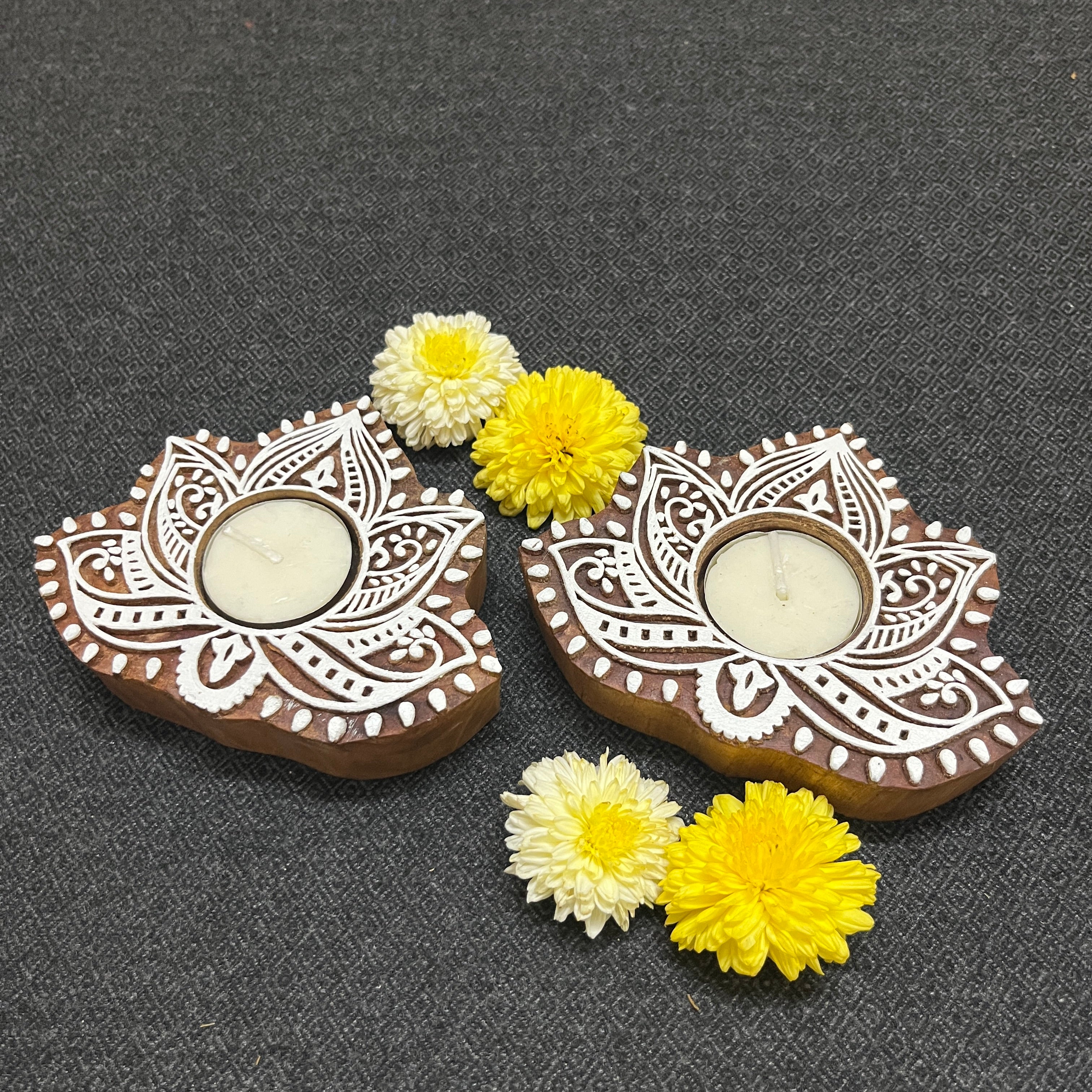 Wooden Block Print Lotus Shaped Tea Light Candle Holder