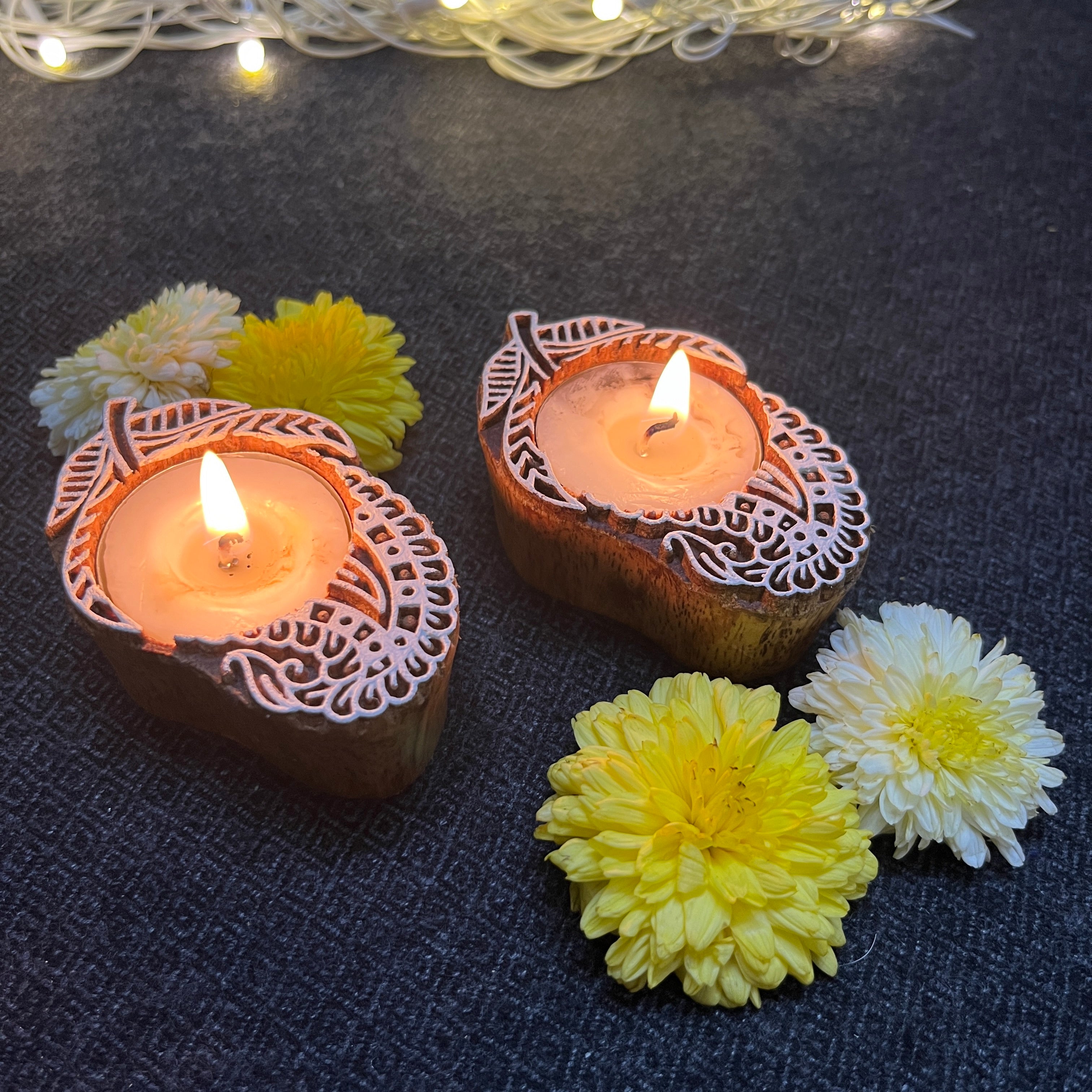 Wooden Block Print Mango Shaped Tea Light Candle Holder