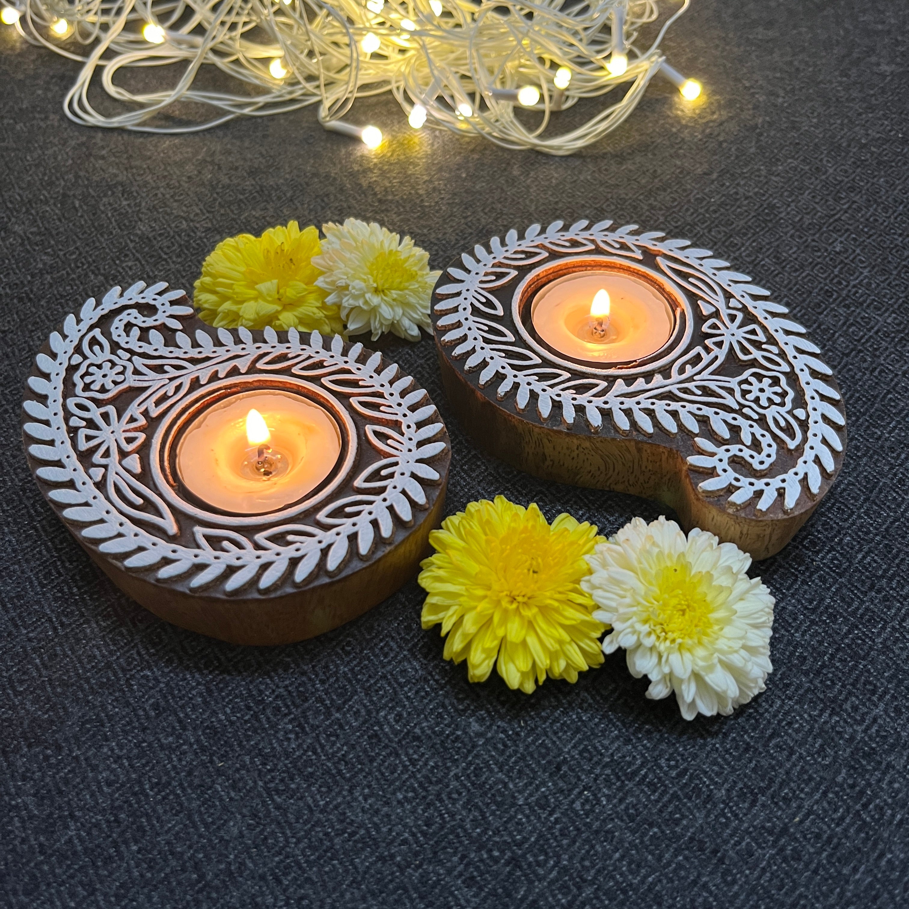 Wooden Block Print Paisely Shaped Tea Light Candle Holder