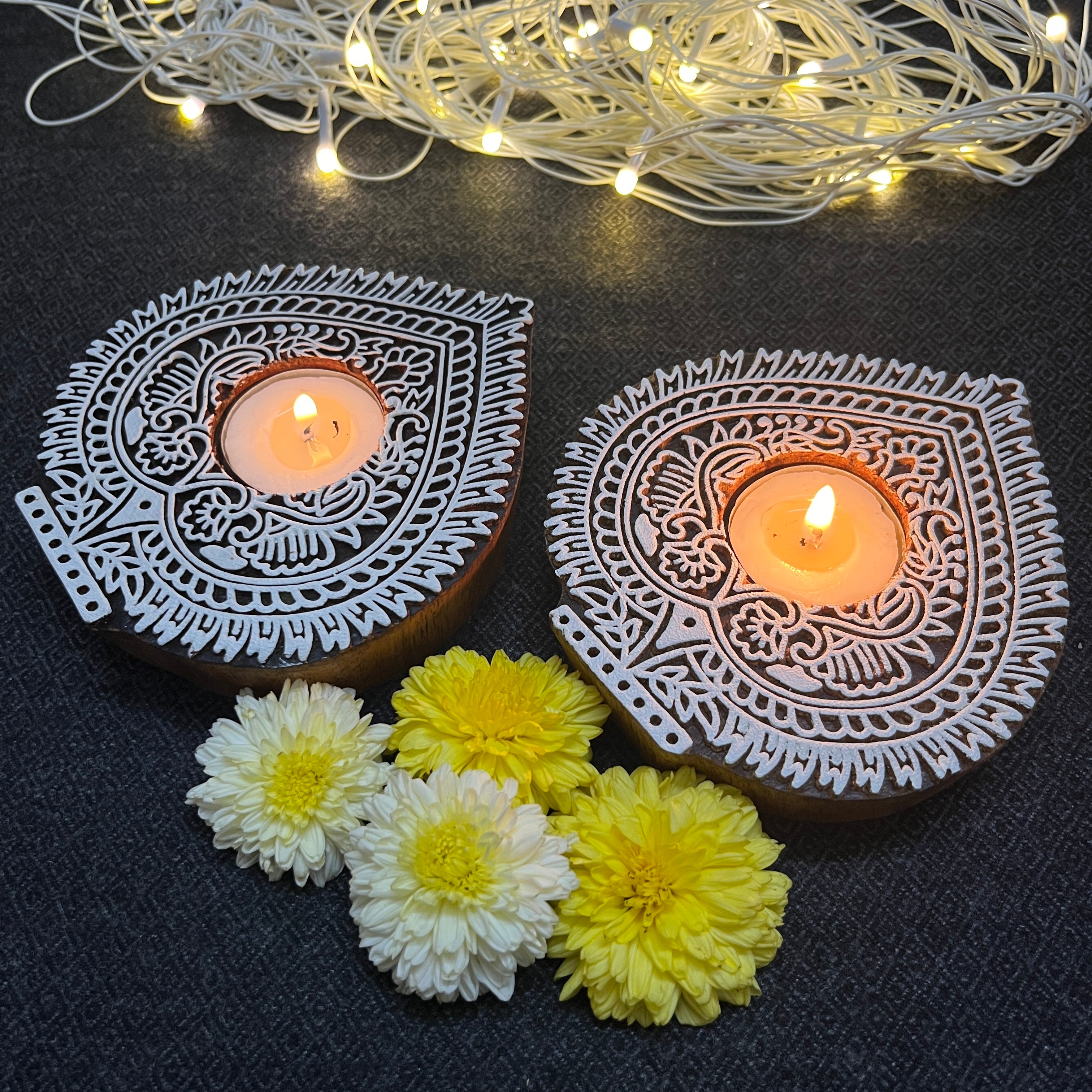 Wooden Block Print Betel Leaf Shaped Tea Light Candle Holder