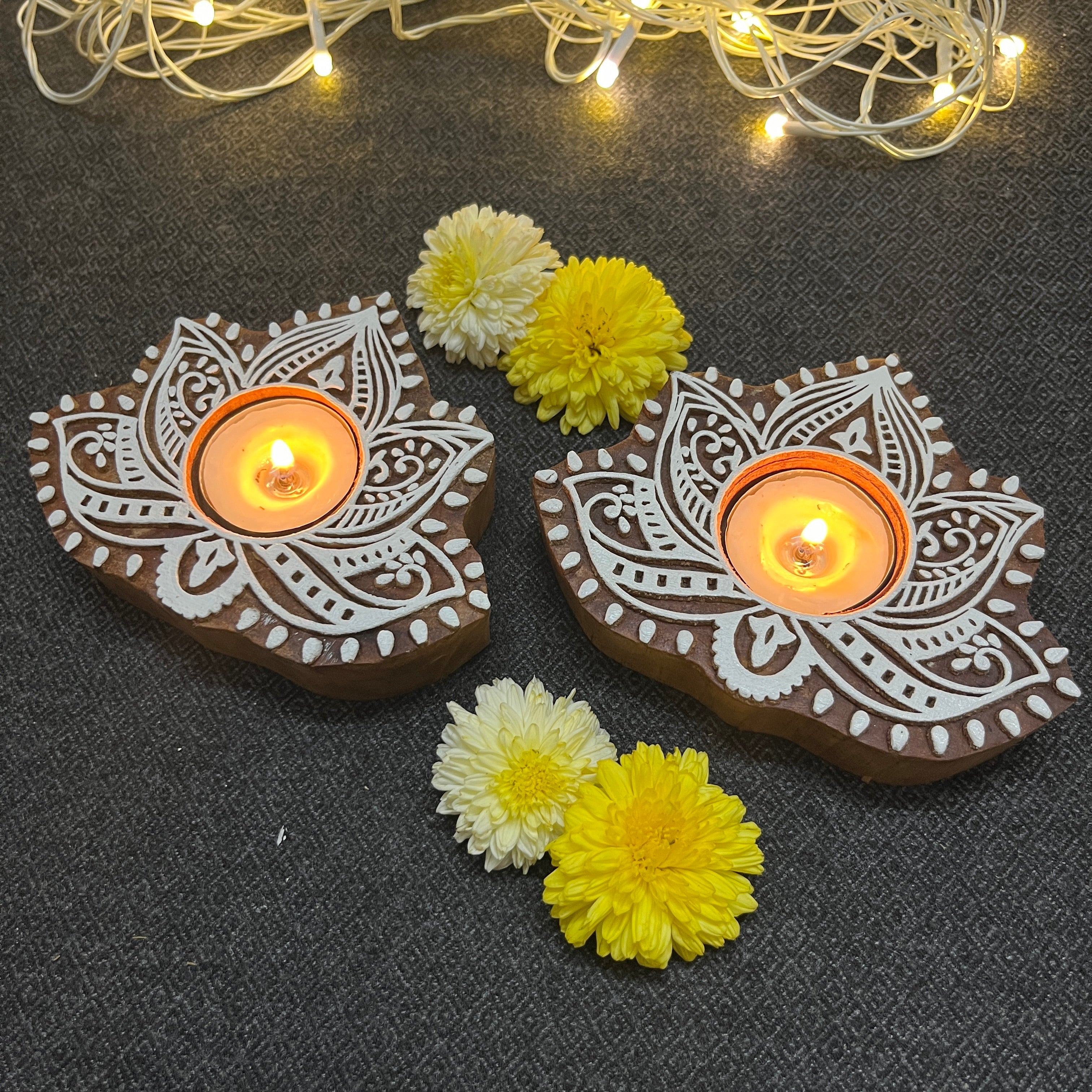 Wooden Block Print Lotus Shaped Tea Light Candle Holder