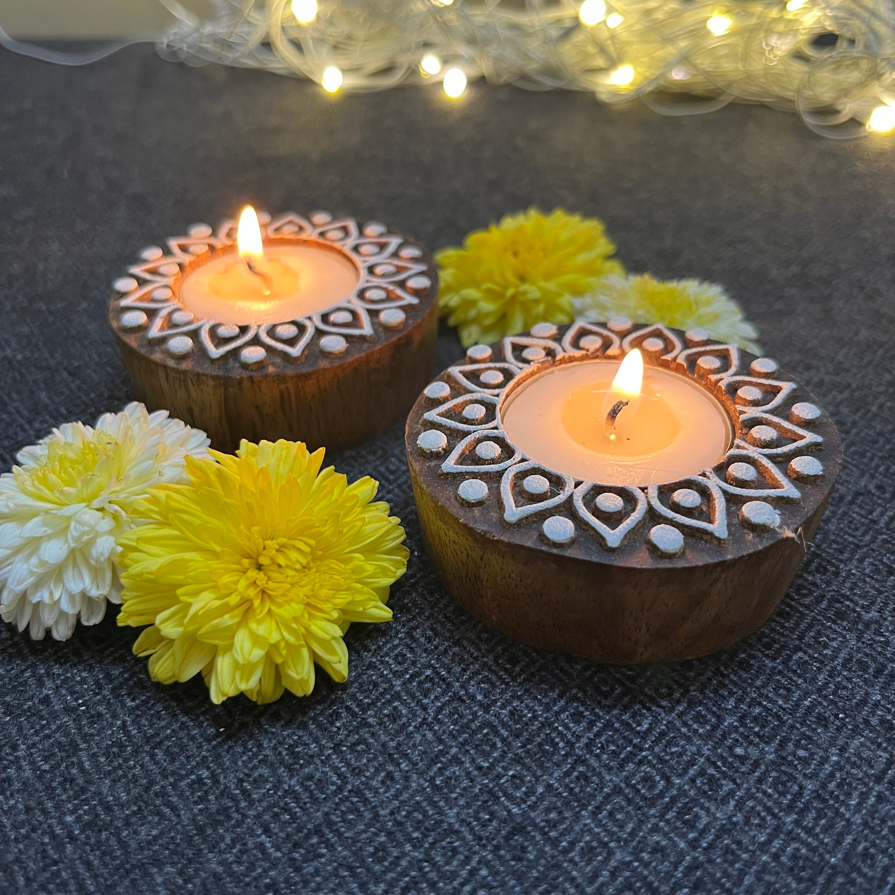 Wooden Block Print Shilp Deep Tea Light Candle Holder