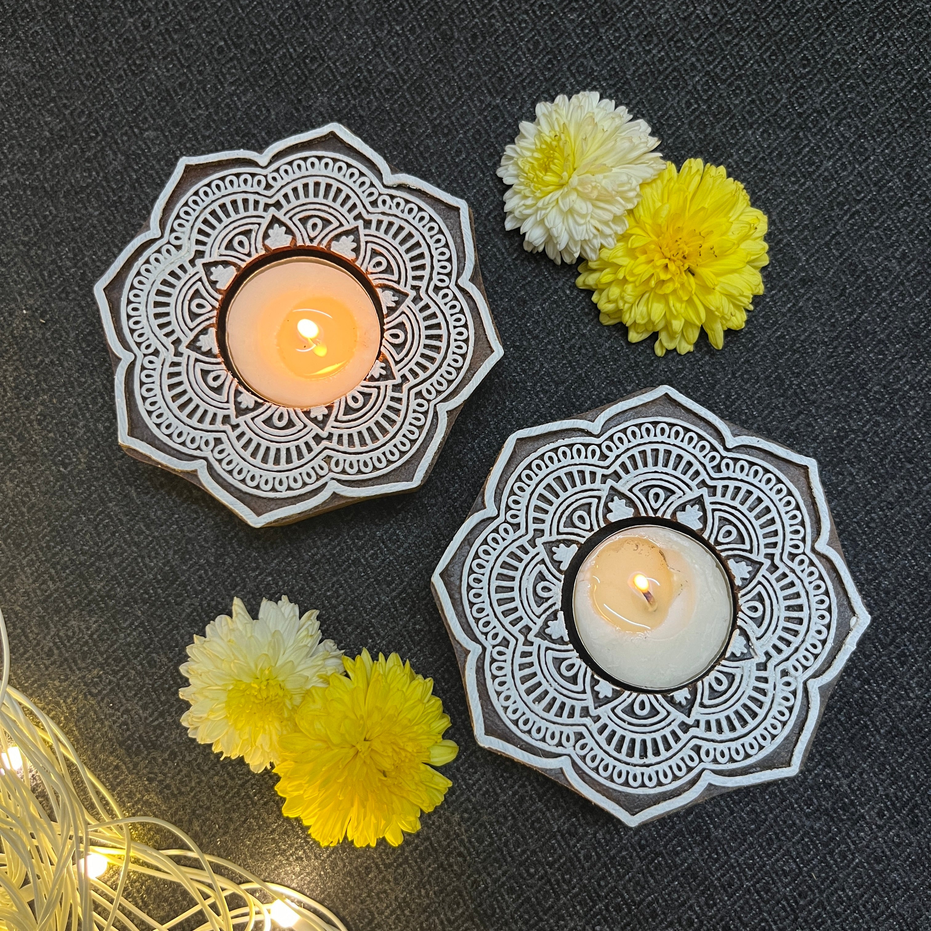 Wooden Block Print Flower Mandala Tea Light Candle Holder