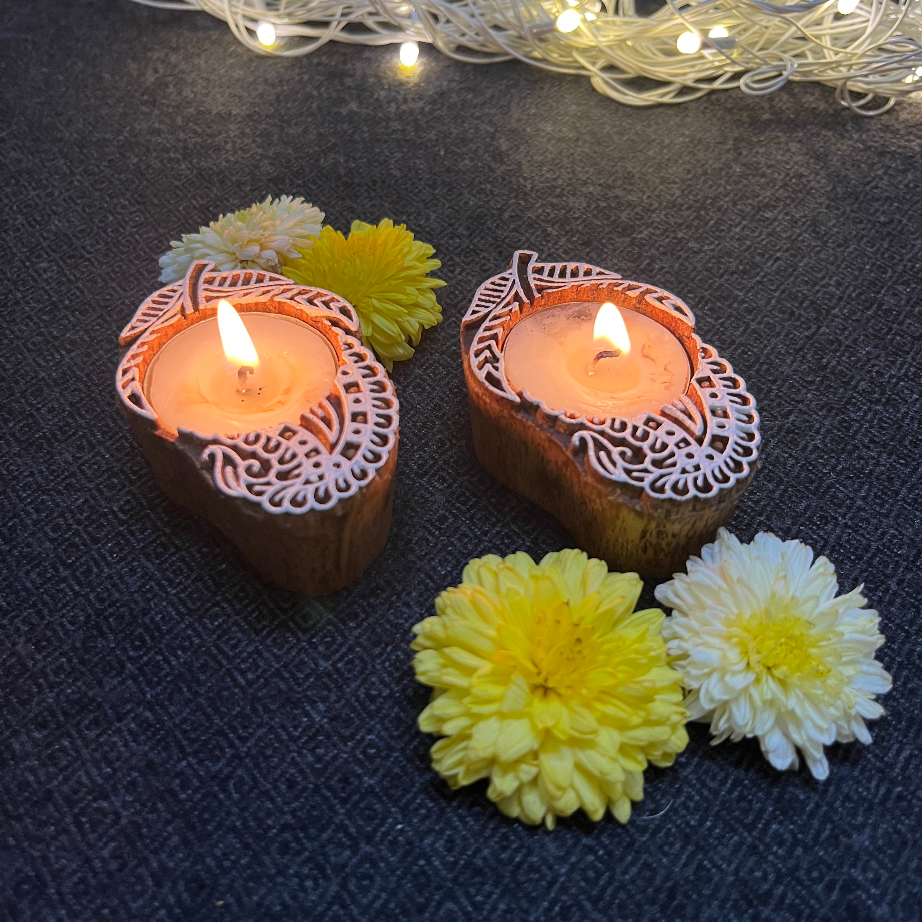 Wooden Block Print Mango Shaped Tea Light Candle Holder