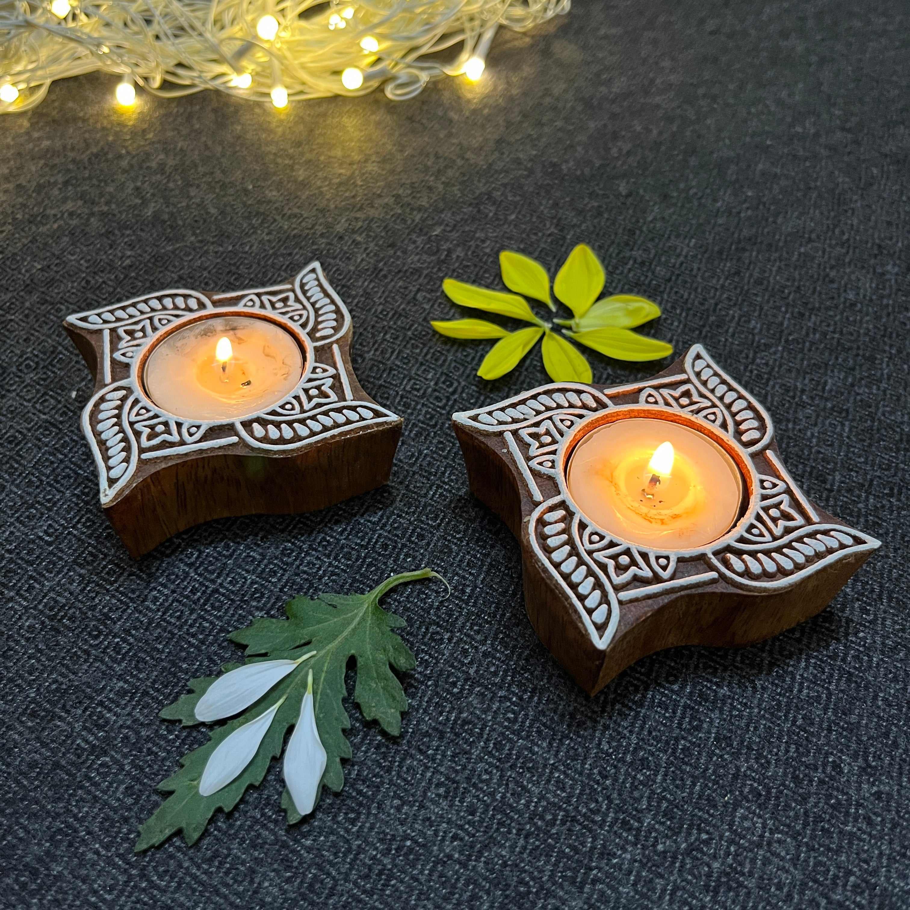 Wooden Block Print Alok Deep Tea Light Candle Holder