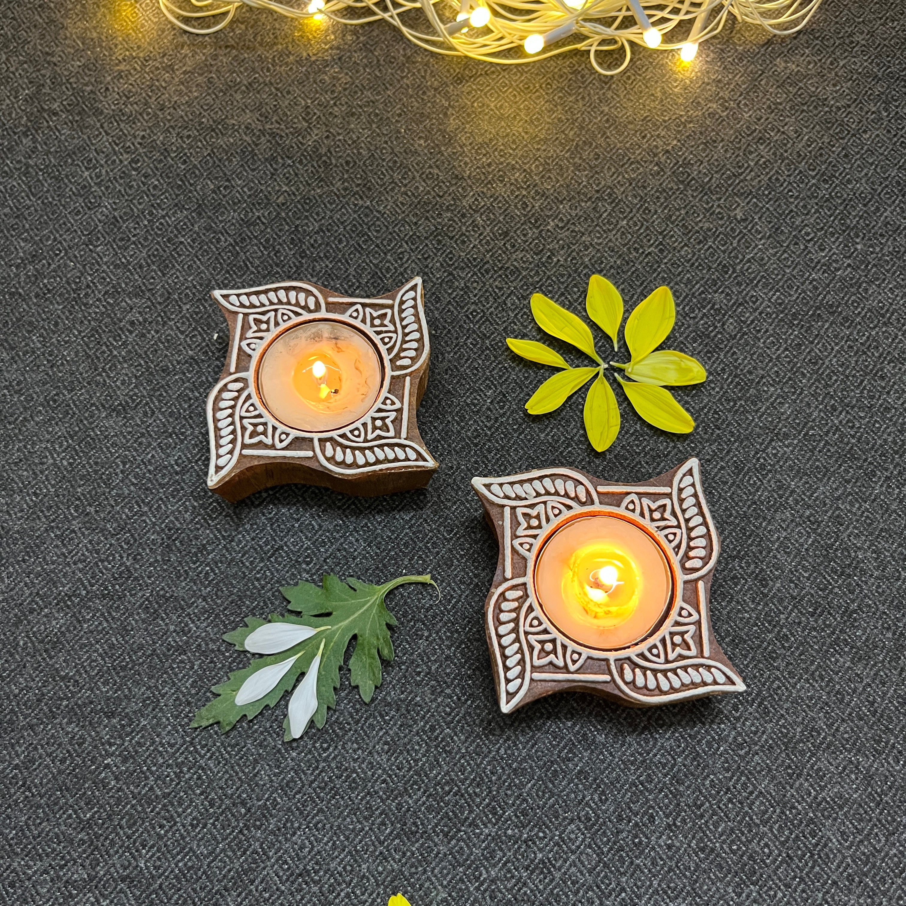 Wooden Block Print Alok Deep Tea Light Candle Holder