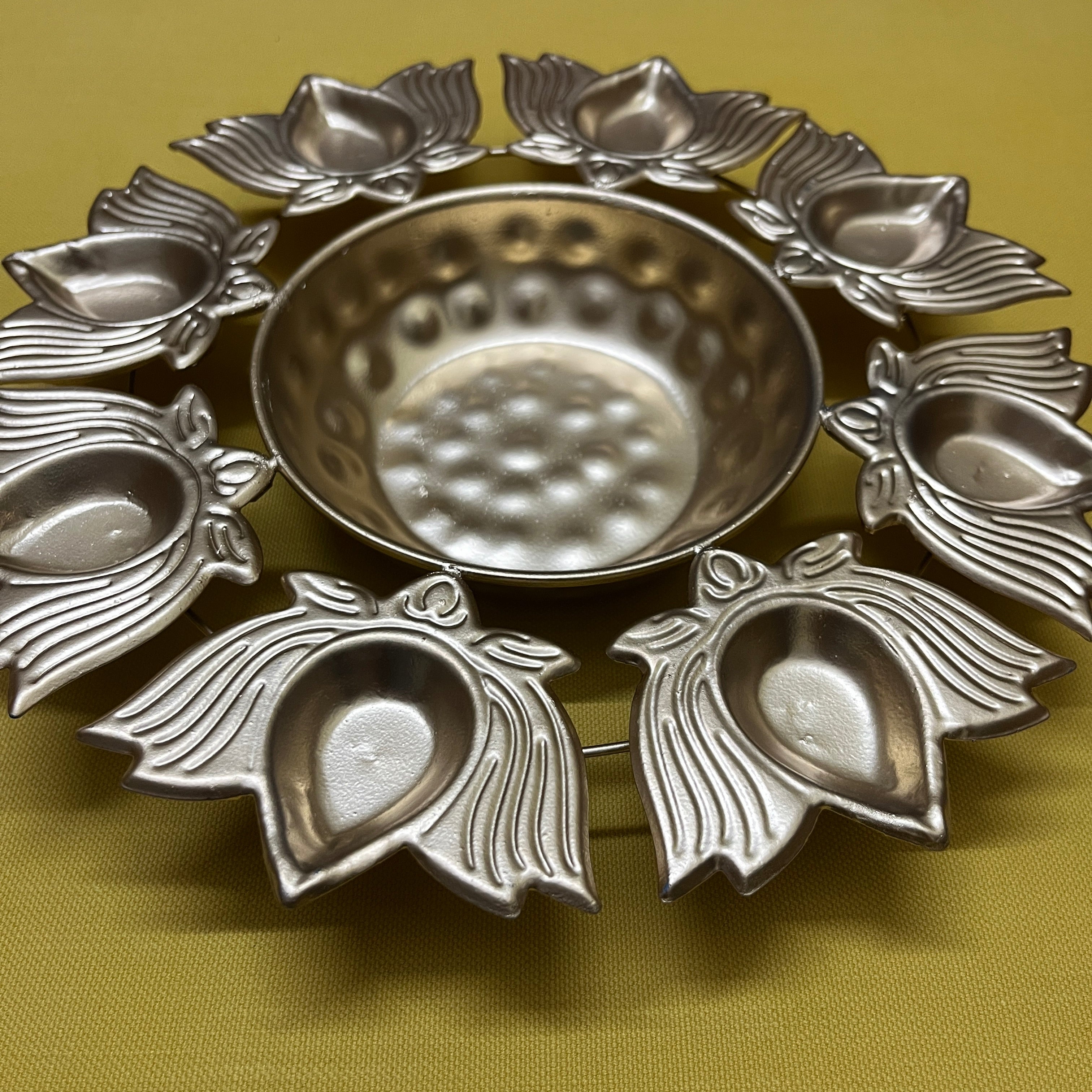 Lotus Shaped Flower Urli Bowl with 8 Diyas