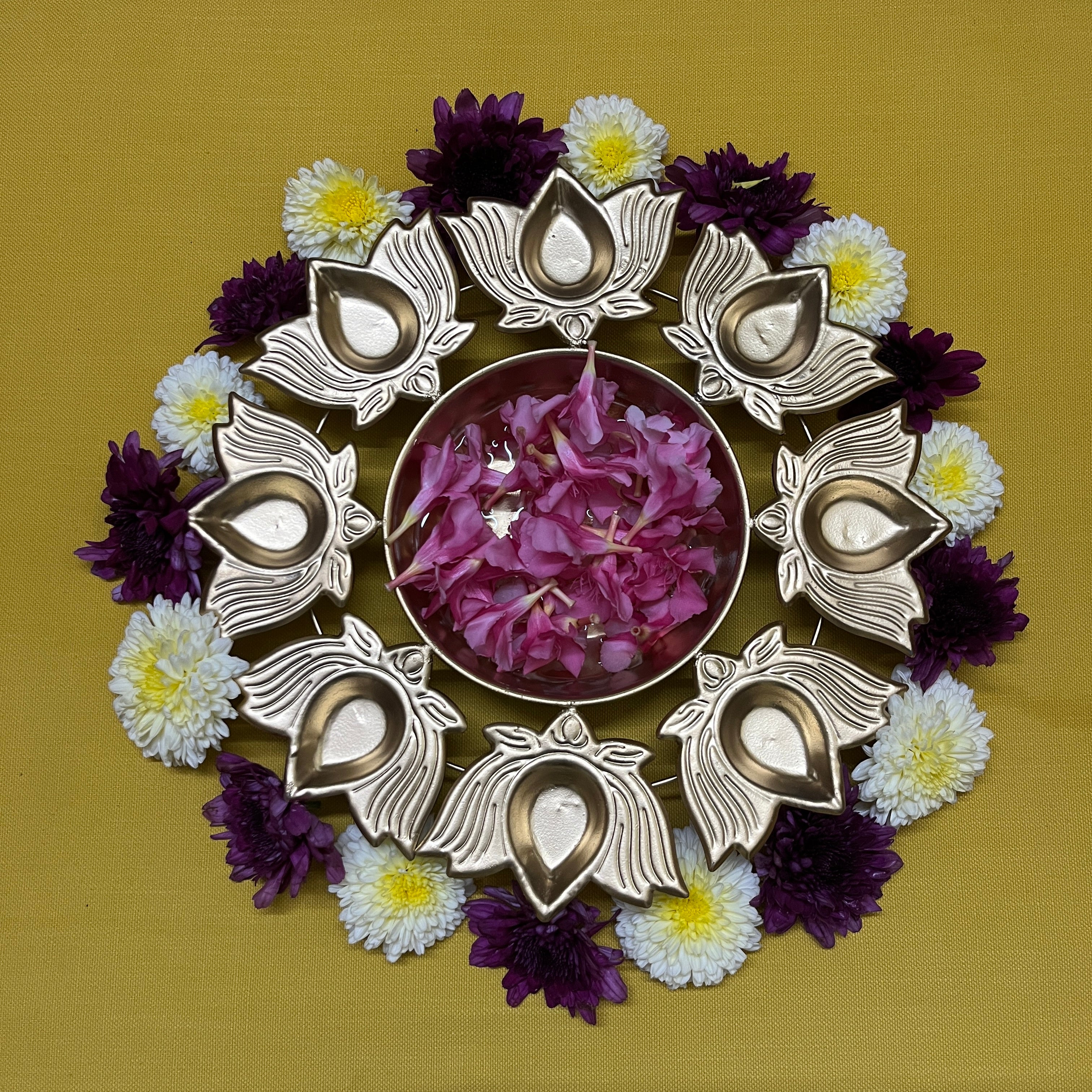 Lotus Shaped Flower Urli Bowl with 8 Diyas